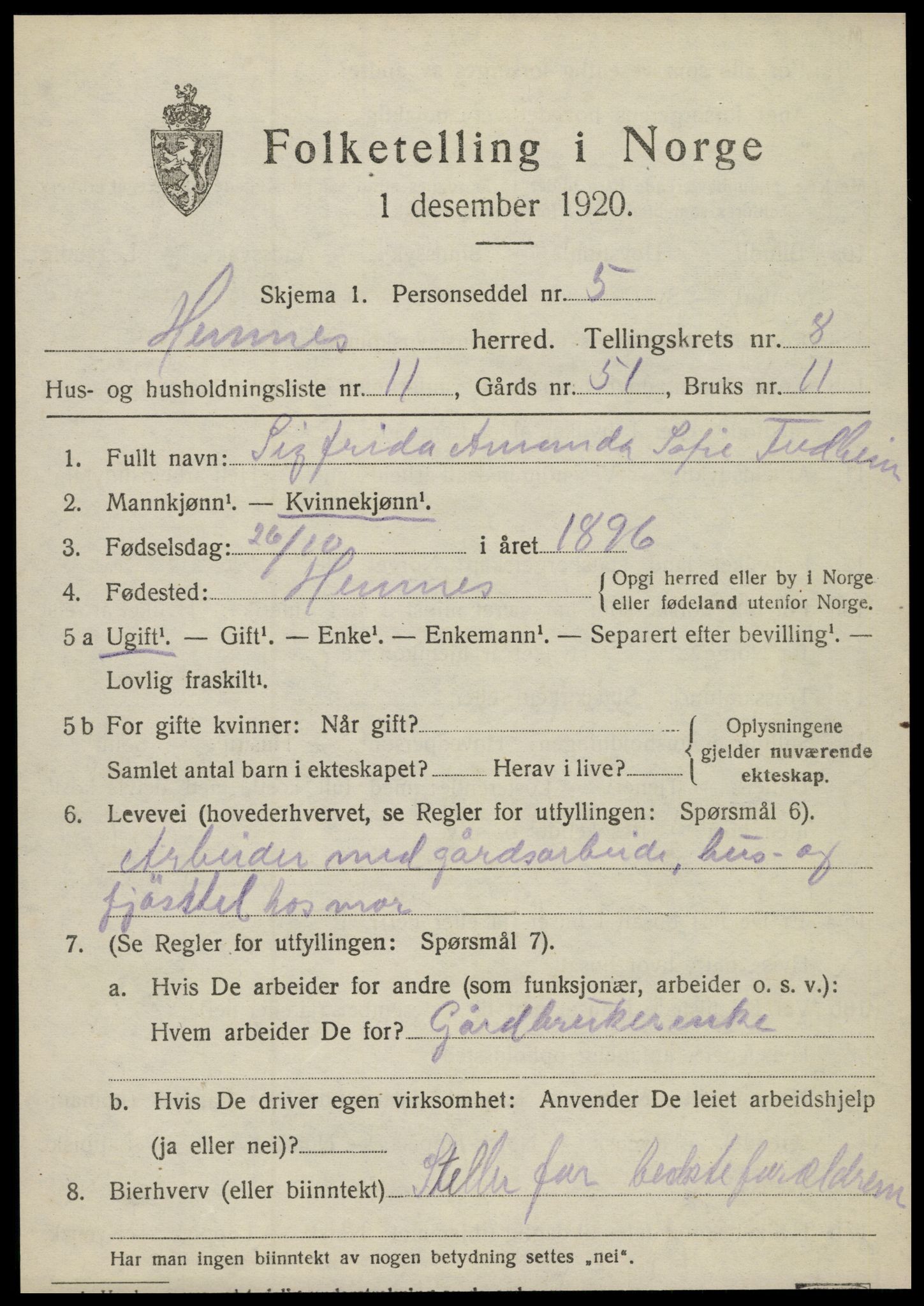 SAT, 1920 census for Hemnes, 1920, p. 7524