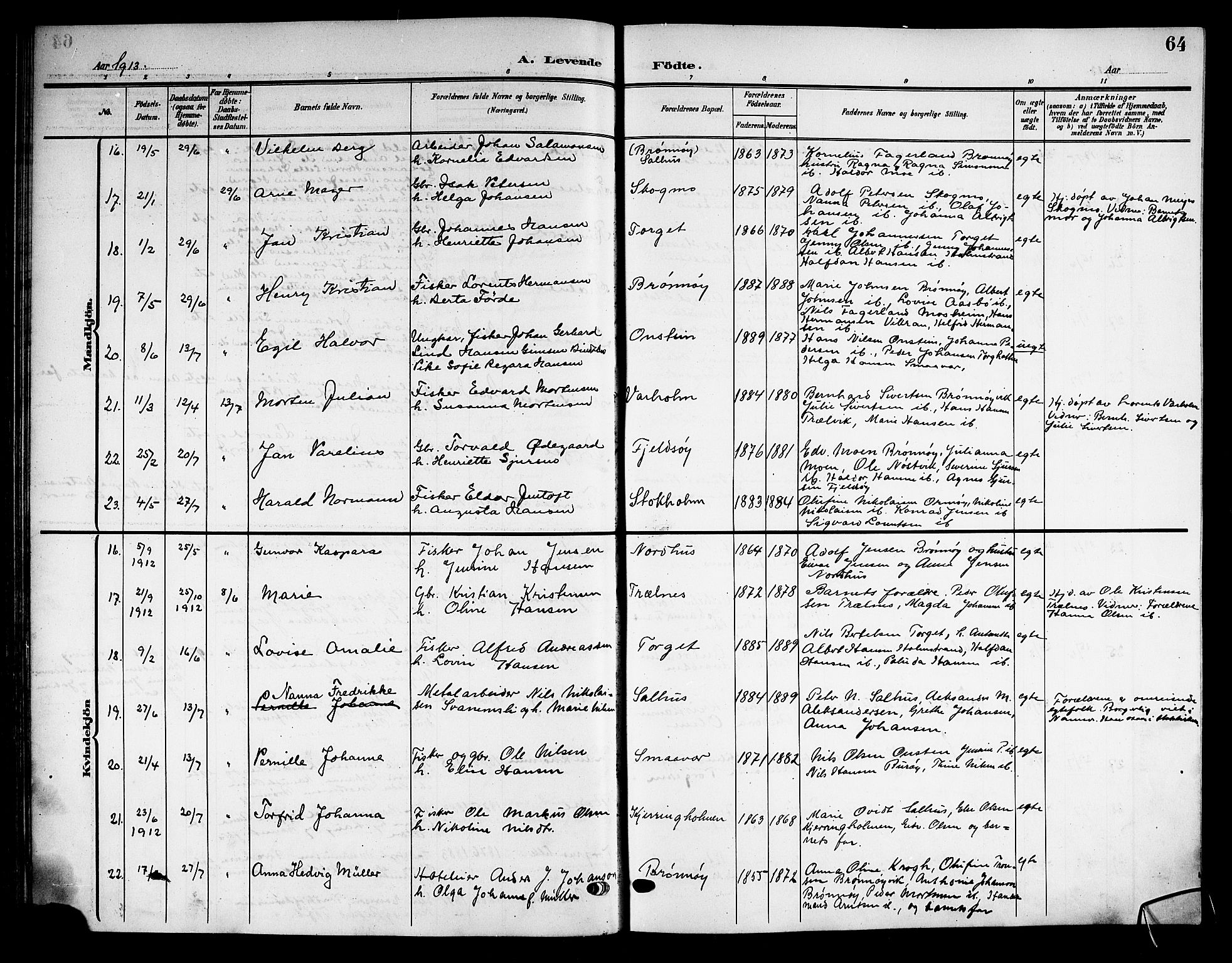 Ministerialprotokoller, klokkerbøker og fødselsregistre - Nordland, AV/SAT-A-1459/813/L0214: Parish register (copy) no. 813C06, 1904-1917, p. 64