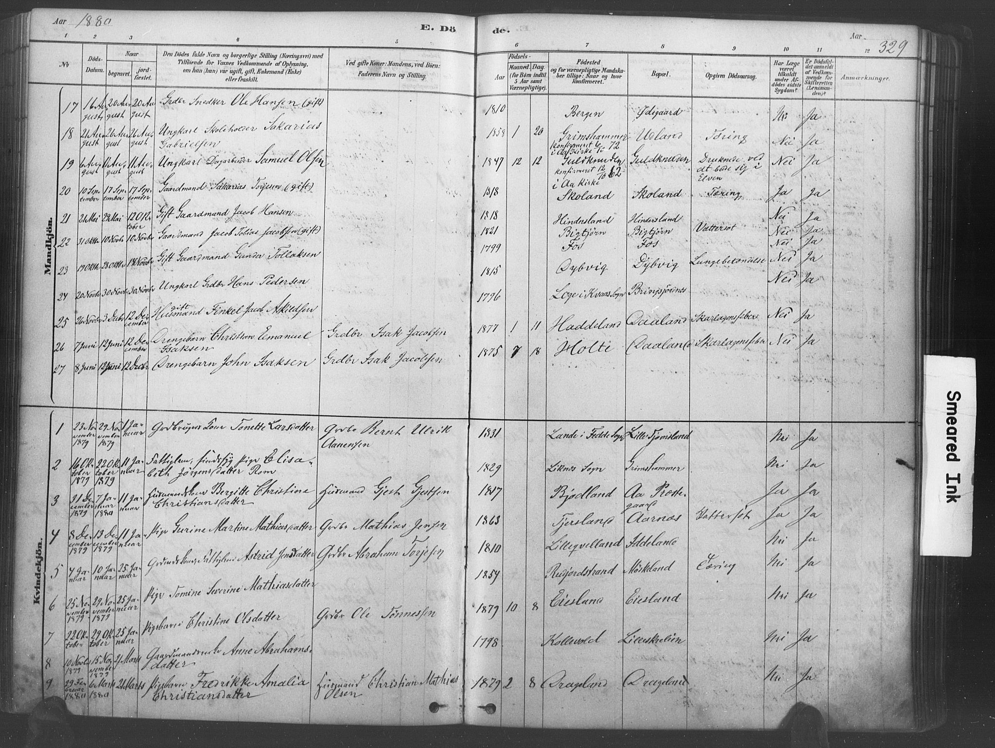 Lyngdal sokneprestkontor, AV/SAK-1111-0029/F/Fa/Fac/L0011: Parish register (official) no. A 11, 1878-1893, p. 329