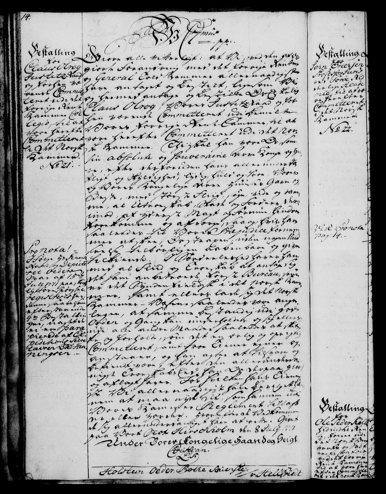 Rentekammeret, Kammerkanselliet, RA/EA-3111/G/Gg/Gge/L0005: Norsk bestallingsprotokoll med register (merket RK 53.29), 1771-1773, p. 14