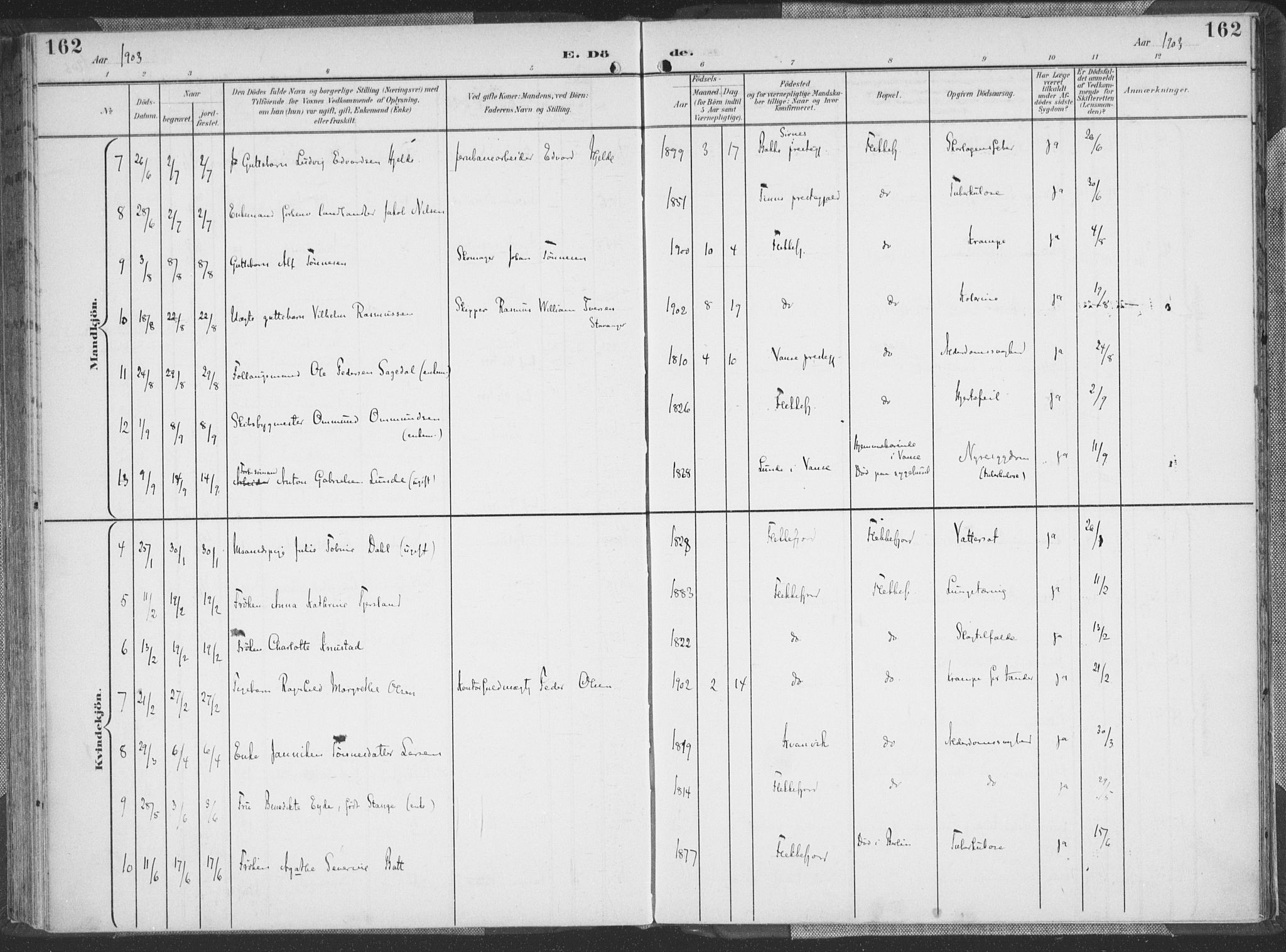 Flekkefjord sokneprestkontor, SAK/1111-0012/F/Fa/Faa/L0002: Parish register (official) no. A 2, 1900-1912, p. 162