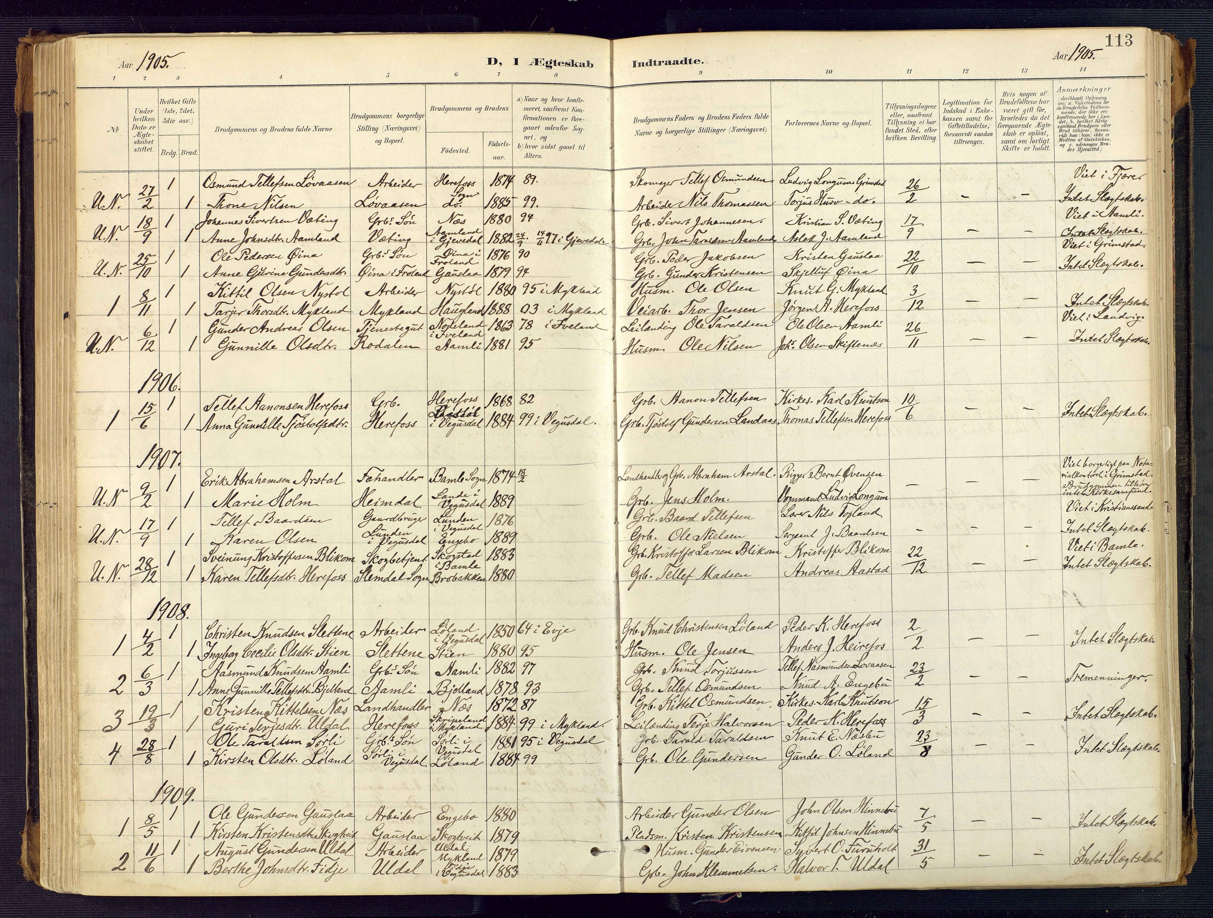 Herefoss sokneprestkontor, SAK/1111-0019/F/Fa/Faa/L0003: Parish register (official) no. A 3, 1887-1930, p. 113