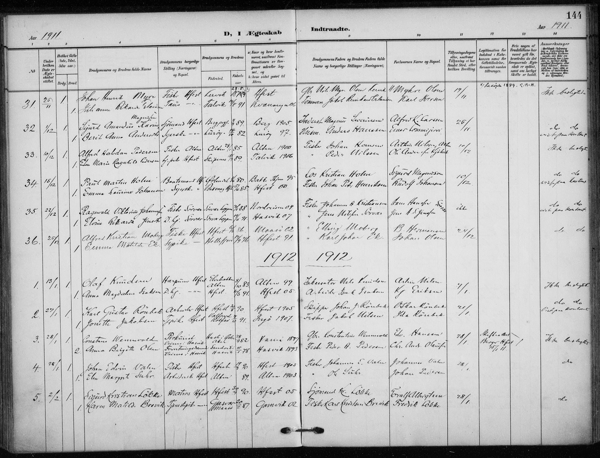 Hammerfest sokneprestkontor, SATØ/S-1347/H/Ha/L0014.kirke: Parish register (official) no. 14, 1906-1916, p. 144