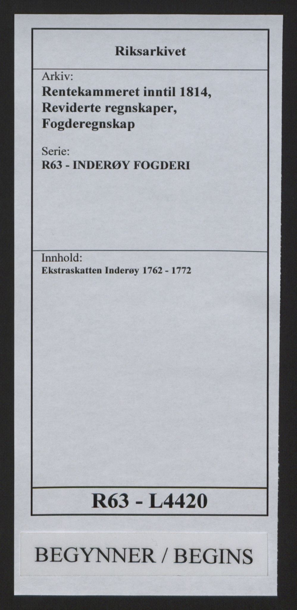 Rentekammeret inntil 1814, Reviderte regnskaper, Fogderegnskap, RA/EA-4092/R63/L4420: Ekstraskatten Inderøy, 1762-1772, p. 1