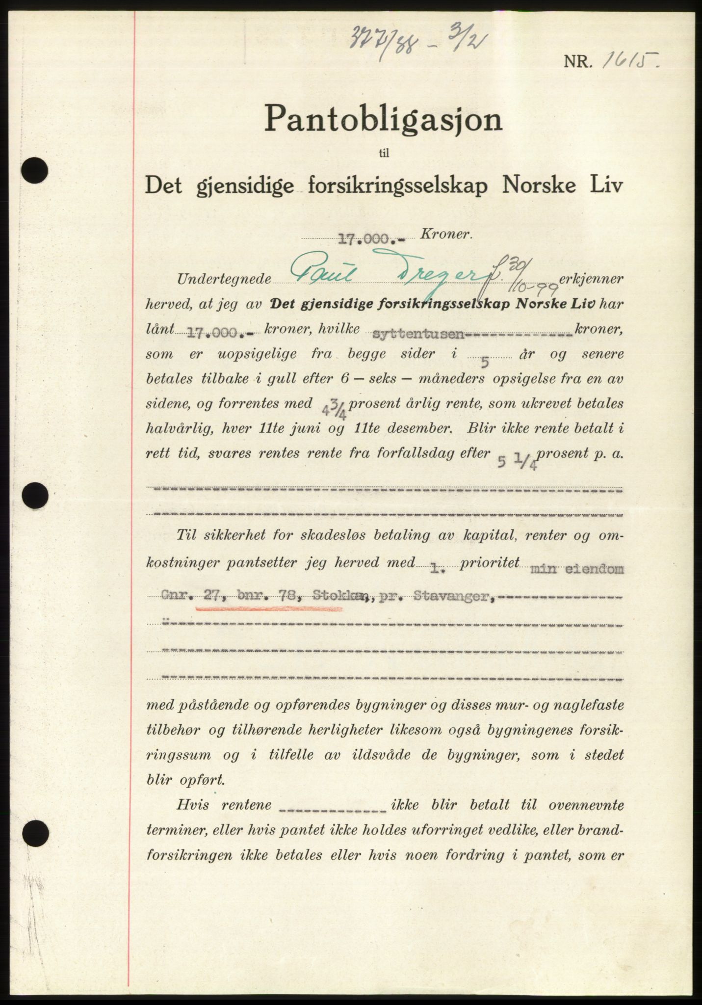 Jæren sorenskriveri, SAST/A-100310/03/G/Gba/L0070: Mortgage book, 1938-1938, Diary no: : 377/1938