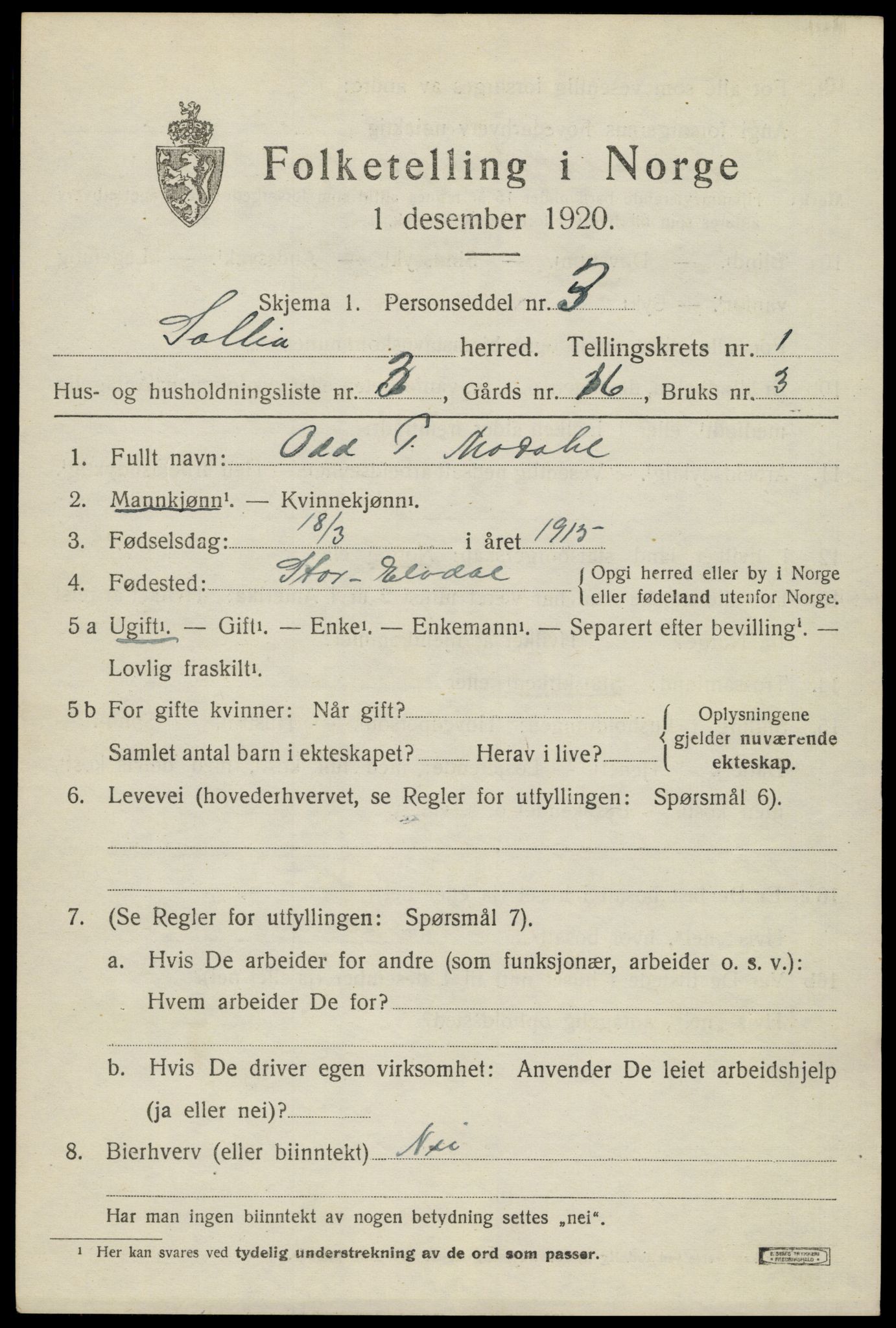 SAH, 1920 census for Sollia, 1920, p. 215