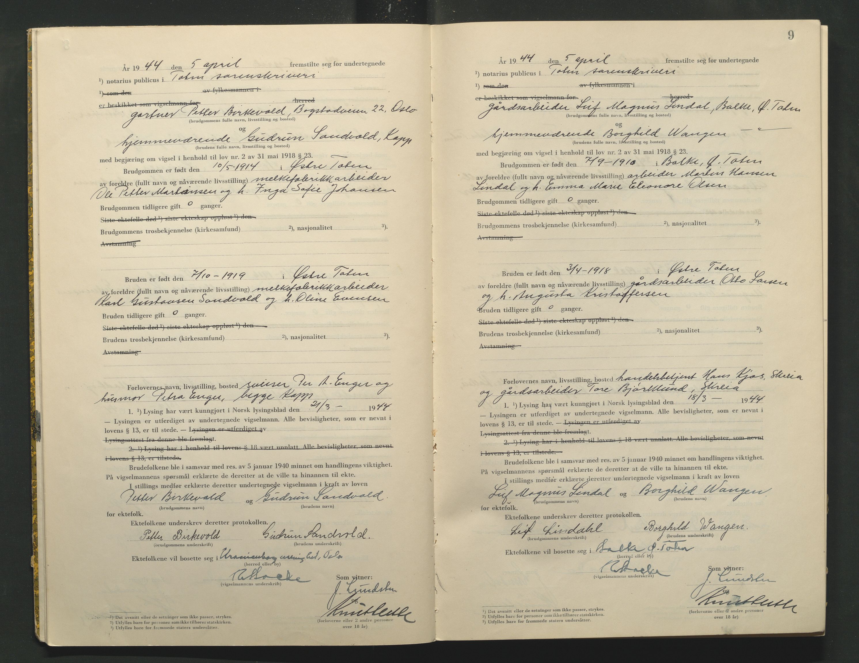 Toten tingrett, AV/SAH-TING-006/L/Lc/L0004: Vigselbok, 1944, p. 9