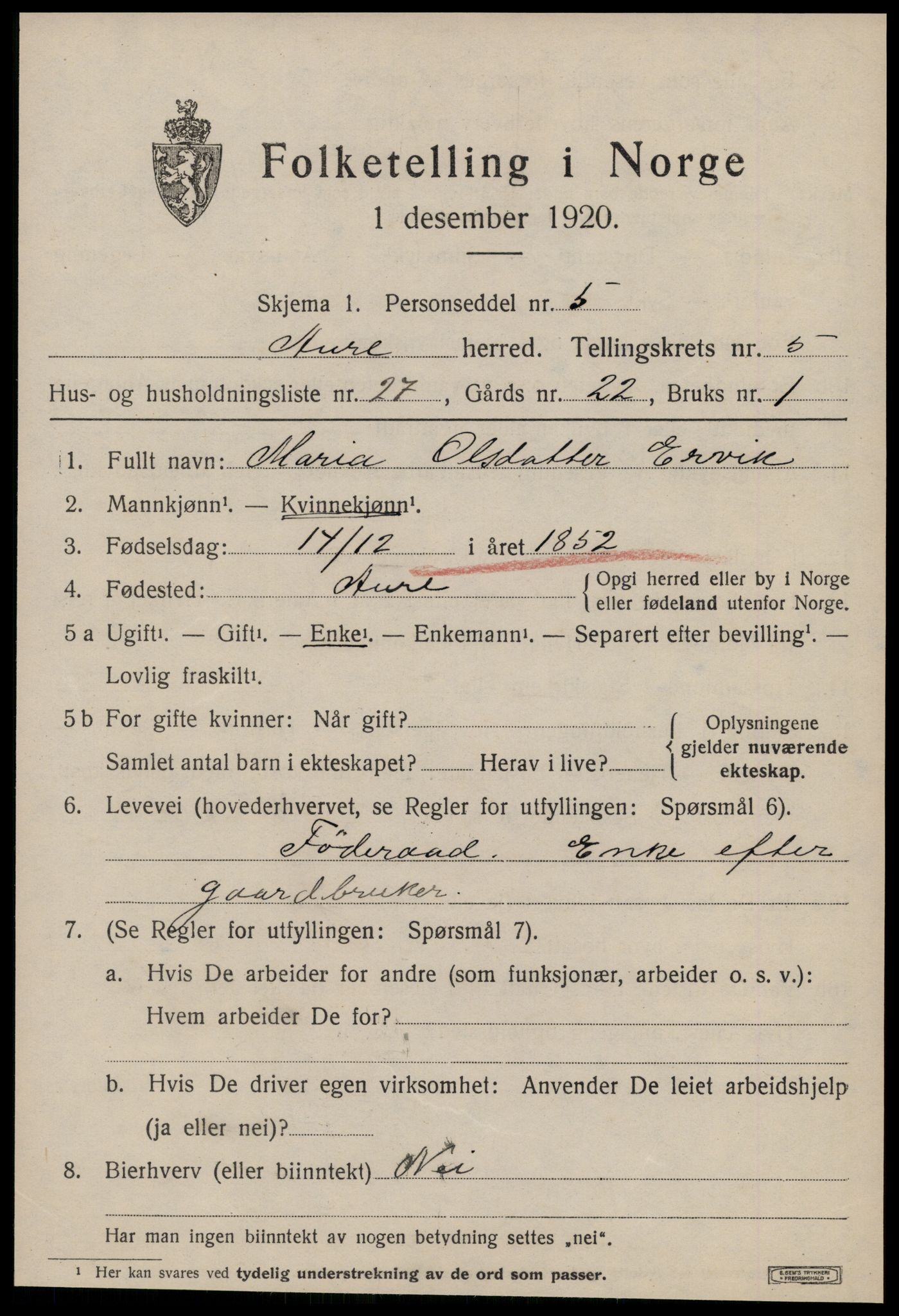 SAT, 1920 census for Aure, 1920, p. 2444