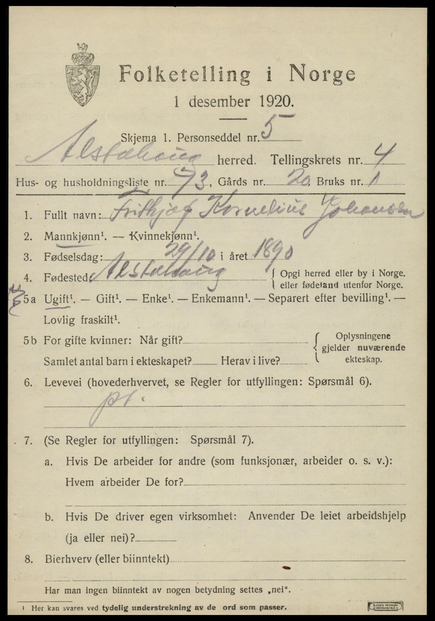 SAT, 1920 census for Alstahaug, 1920, p. 2837