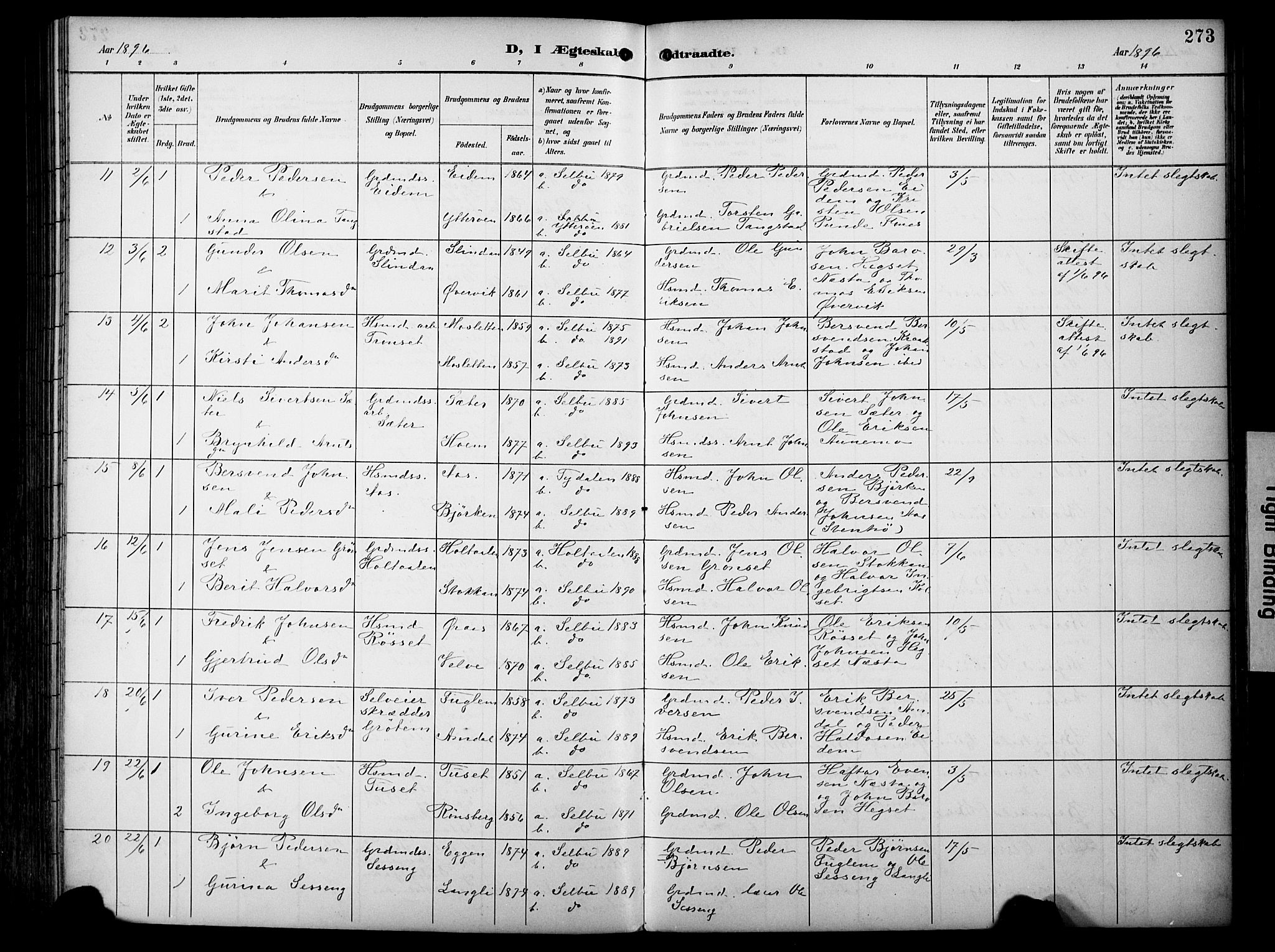 Ministerialprotokoller, klokkerbøker og fødselsregistre - Sør-Trøndelag, AV/SAT-A-1456/695/L1149: Parish register (official) no. 695A09, 1891-1902, p. 273