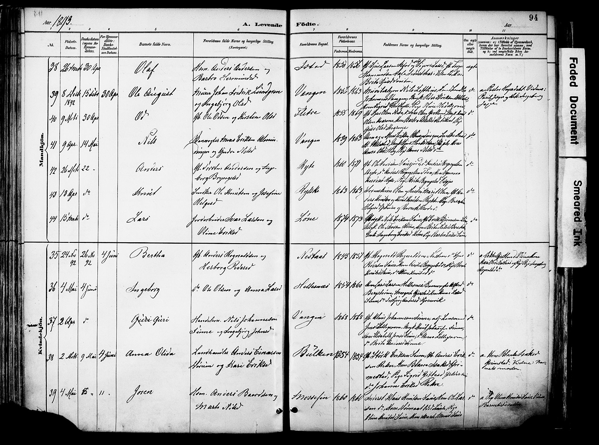 Voss sokneprestembete, AV/SAB-A-79001/H/Haa: Parish register (official) no. A 21, 1887-1903, p. 94