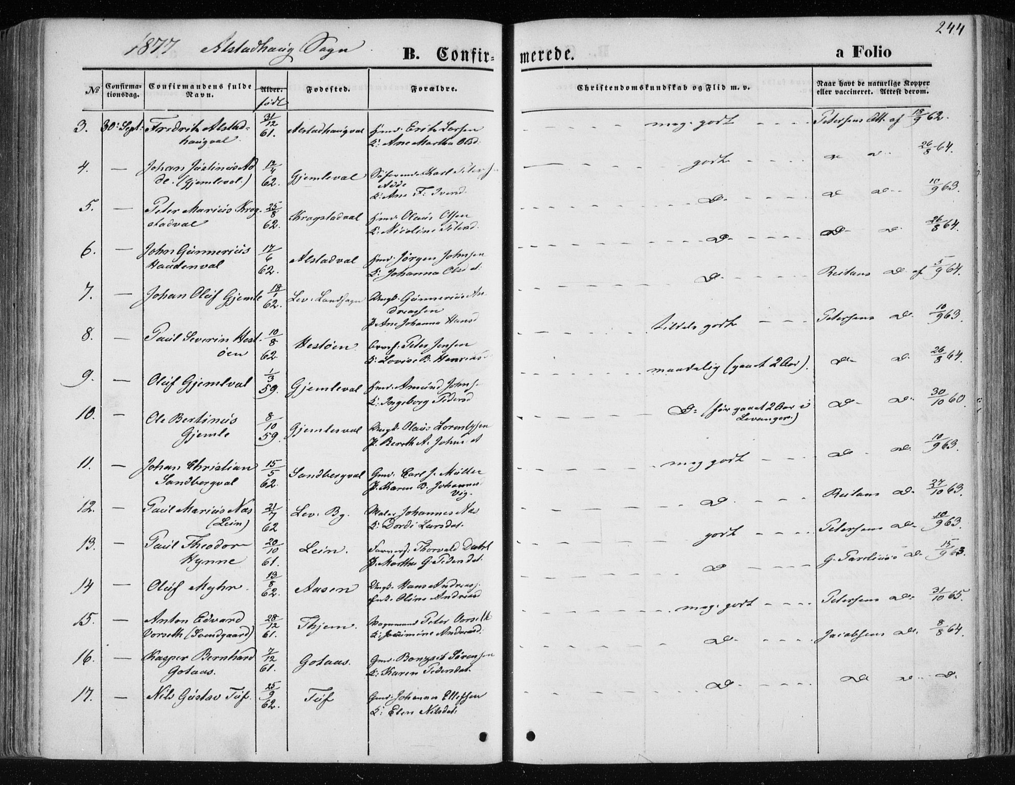 Ministerialprotokoller, klokkerbøker og fødselsregistre - Nord-Trøndelag, SAT/A-1458/717/L0157: Parish register (official) no. 717A08 /1, 1863-1877, p. 244