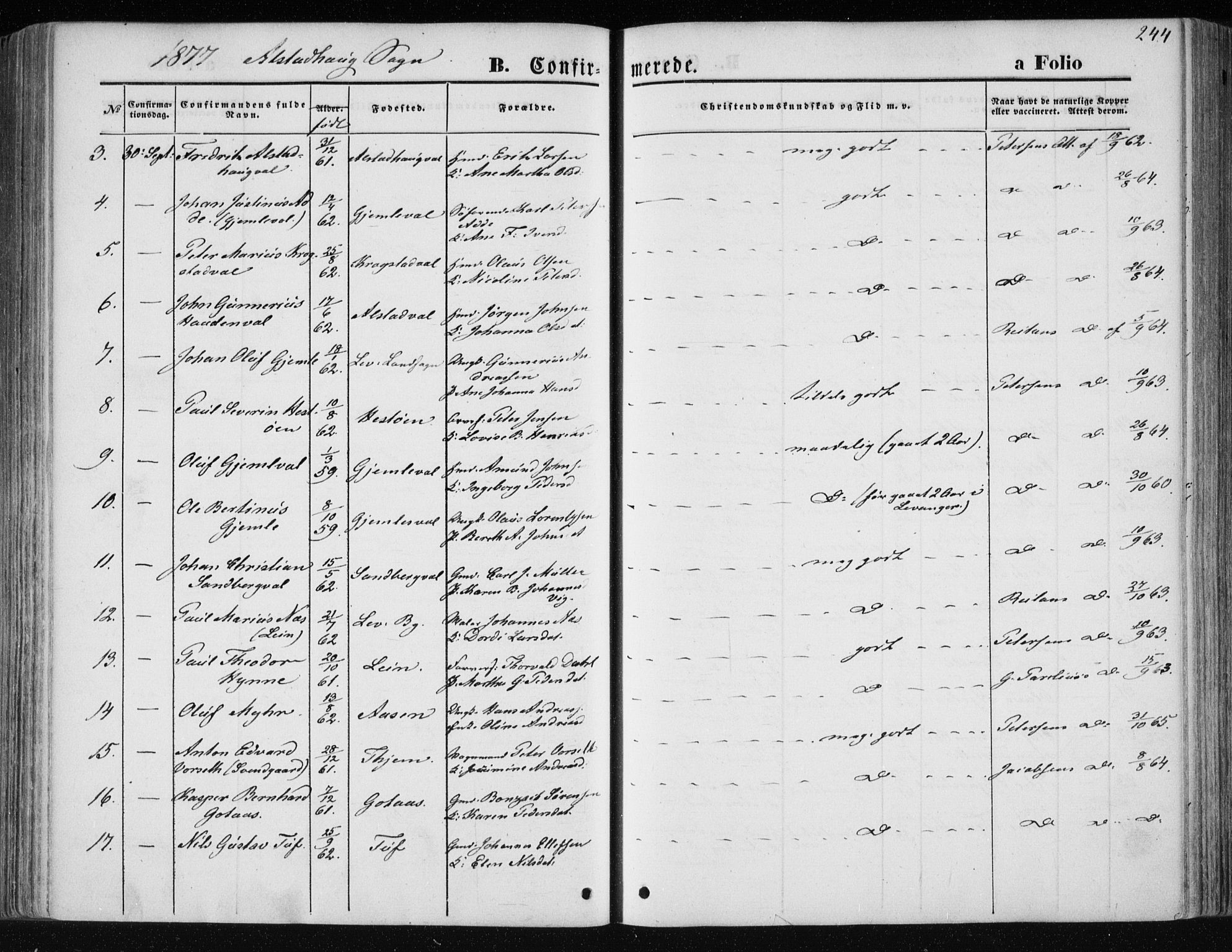 Ministerialprotokoller, klokkerbøker og fødselsregistre - Nord-Trøndelag, AV/SAT-A-1458/717/L0157: Parish register (official) no. 717A08 /1, 1863-1877, p. 244