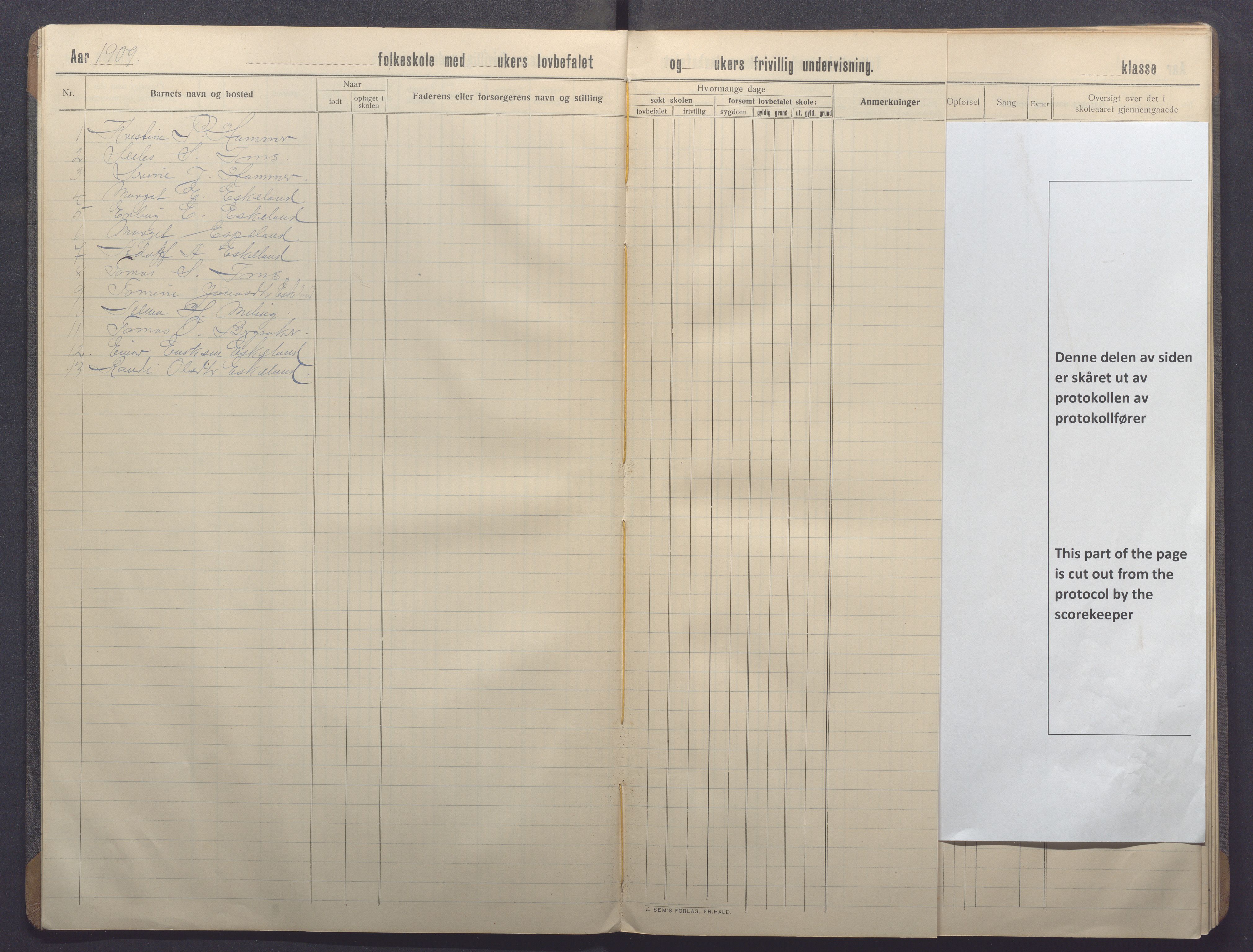 Høle kommune - Eskeland skole, IKAR/K-100028/F/L0001: Skoleprotokoll, 1909-1914, p. 5