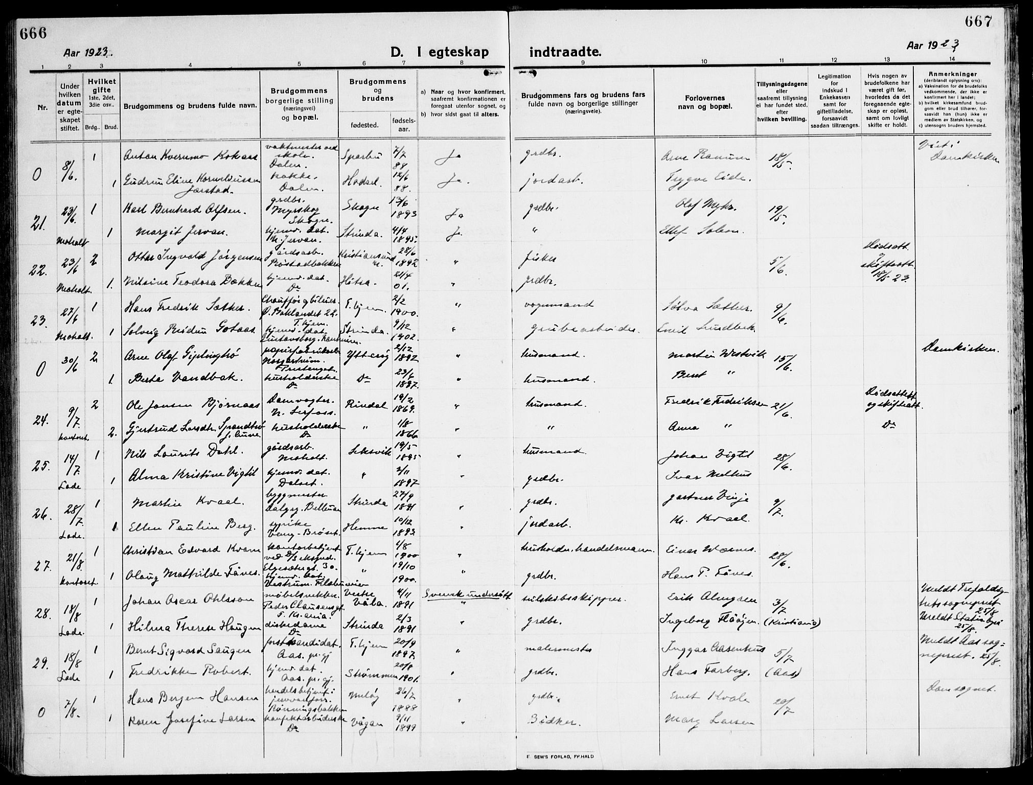 Ministerialprotokoller, klokkerbøker og fødselsregistre - Sør-Trøndelag, SAT/A-1456/607/L0321: Parish register (official) no. 607A05, 1916-1935, p. 666-667