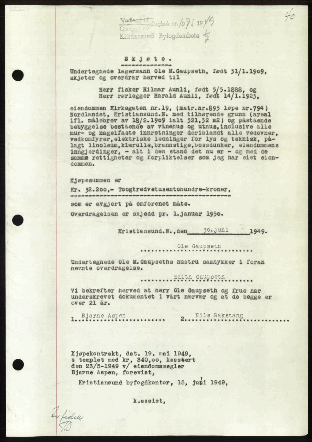 Kristiansund byfogd, AV/SAT-A-4587/A/27: Mortgage book no. 46, 1949-1950, Diary no: : 1075/1949