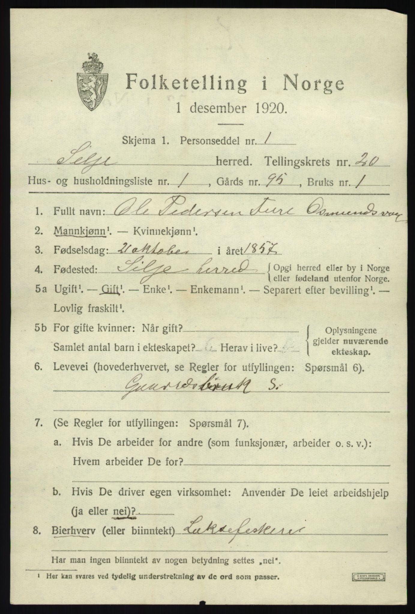 SAB, 1920 census for Selje, 1920, p. 8485