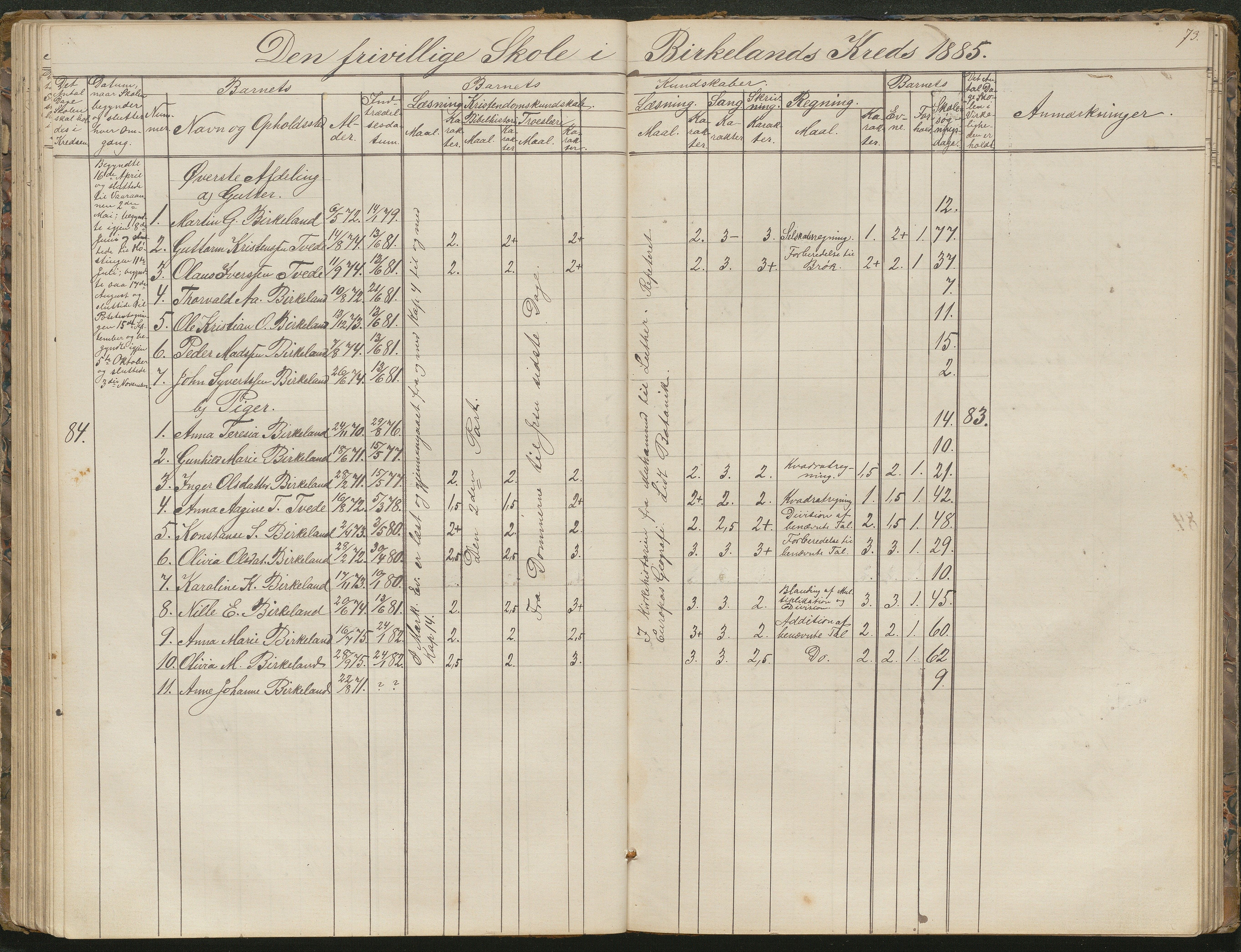 Birkenes kommune, Birkenes krets/Birkeland folkeskole frem til 1991, AAKS/KA0928-550a_91/F02/L0001: Skoleprotokoll, 1862-1896, p. 73