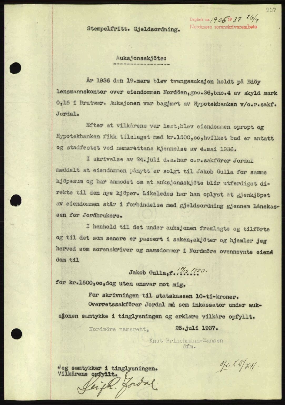 Nordmøre sorenskriveri, AV/SAT-A-4132/1/2/2Ca: Mortgage book no. A81, 1937-1937, Diary no: : 1906/1937