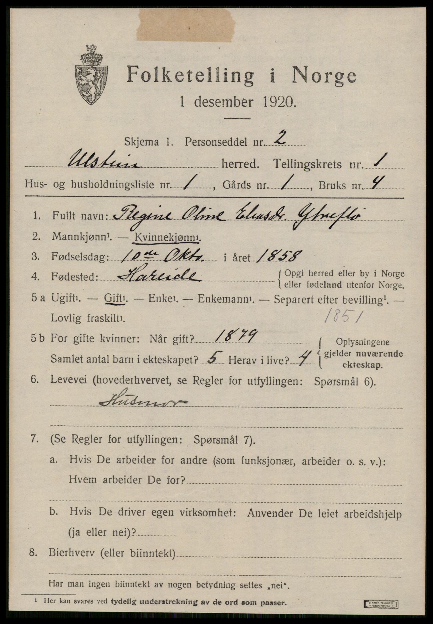 SAT, 1920 census for Ulstein, 1920, p. 696