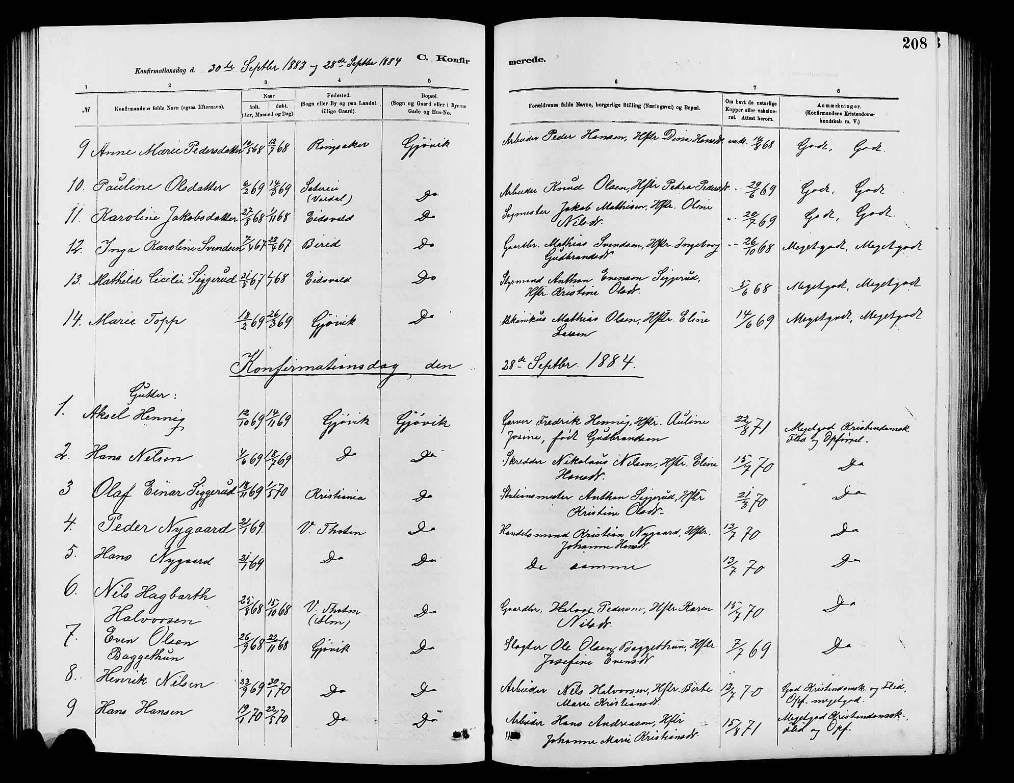 Vardal prestekontor, SAH/PREST-100/H/Ha/Hab/L0007: Parish register (copy) no. 7 /2, 1881-1895, p. 208