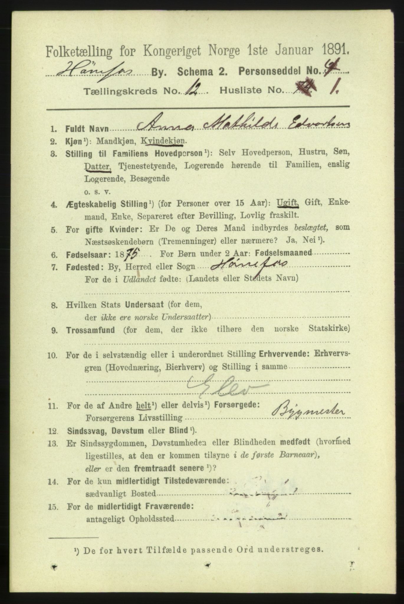 RA, 1891 census for 0601 Hønefoss, 1891, p. 1547