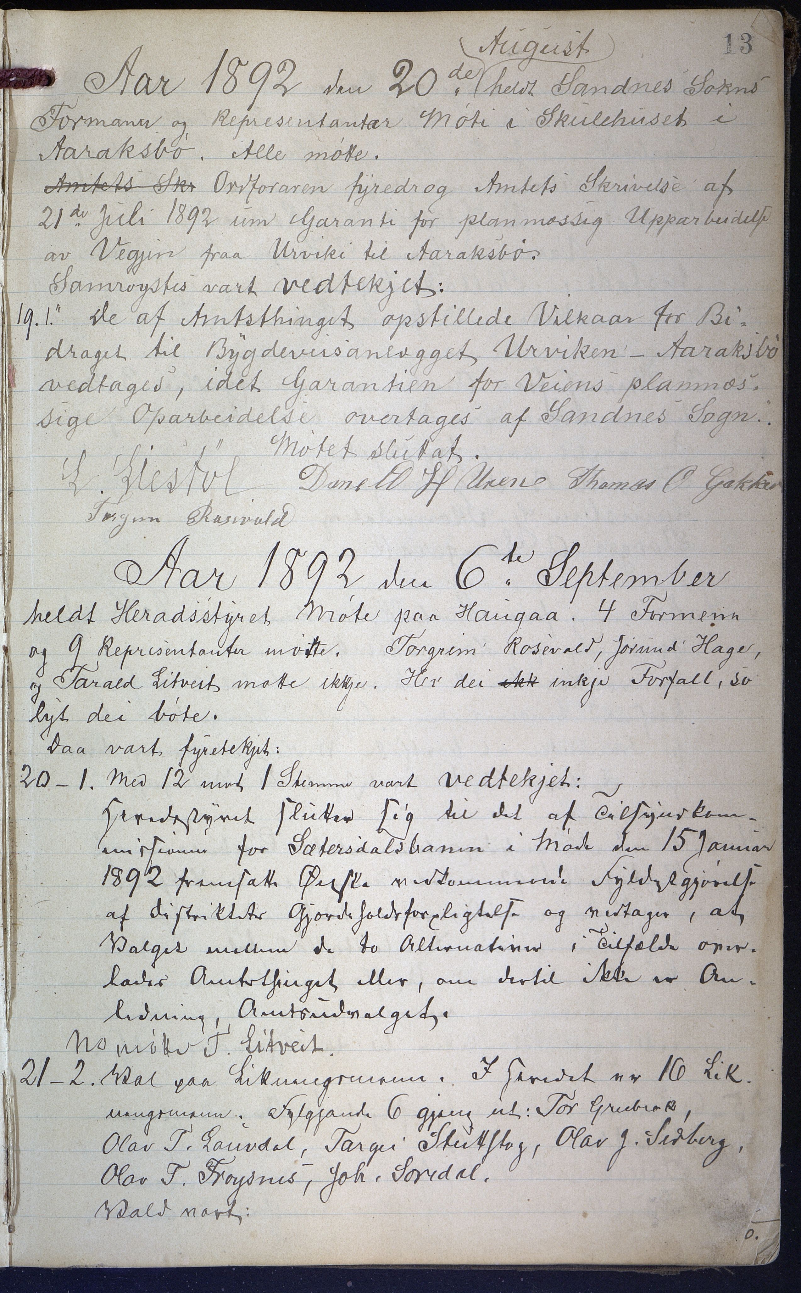 Bygland kommune, Kommunestyret , AAKS/KA0938-121/A1/L0003: Forhandlingsprotokoll formannskap, 1891-1904, p. 13