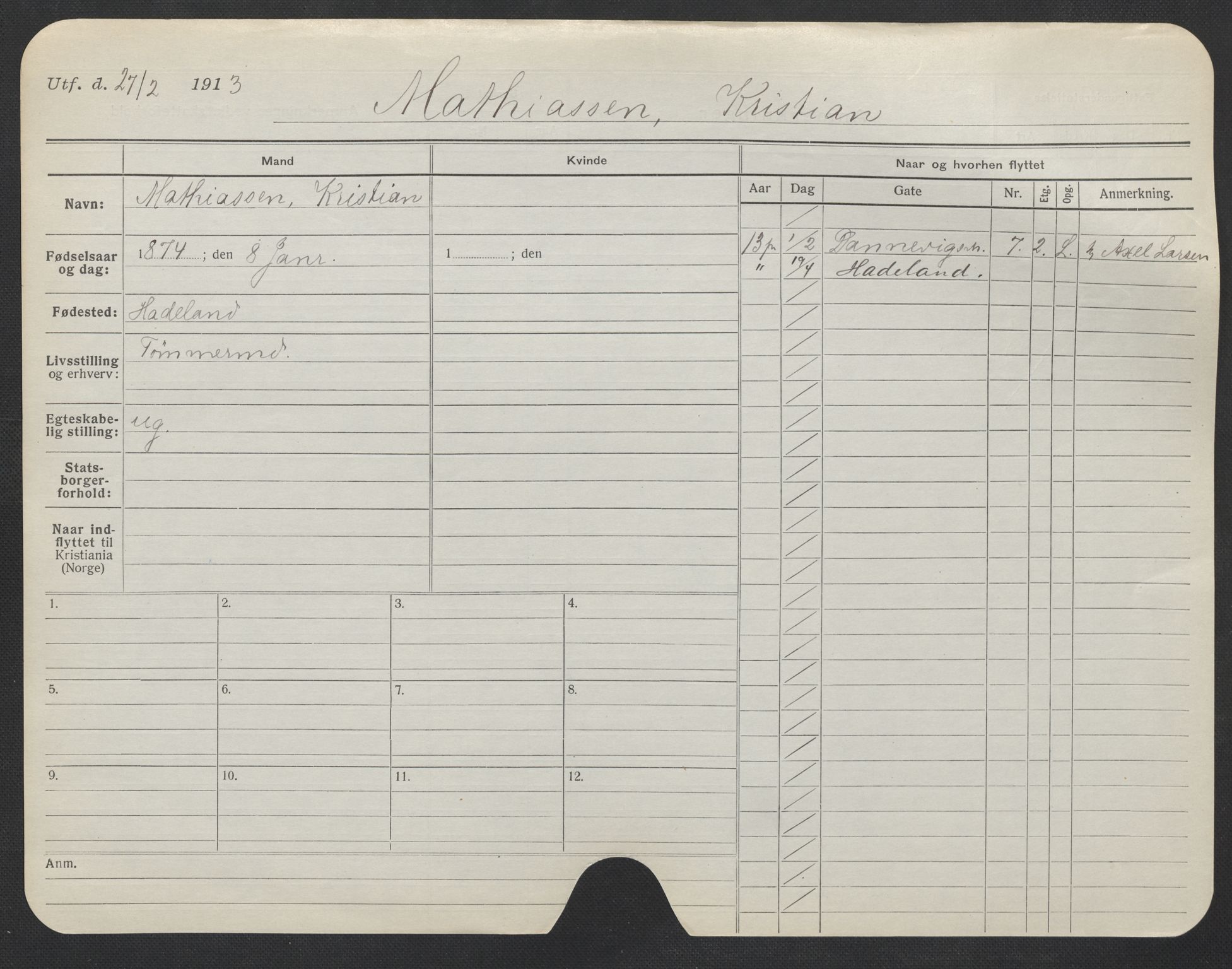 Oslo folkeregister, Registerkort, AV/SAO-A-11715/F/Fa/Fac/L0007: Menn, 1906-1914, p. 620a