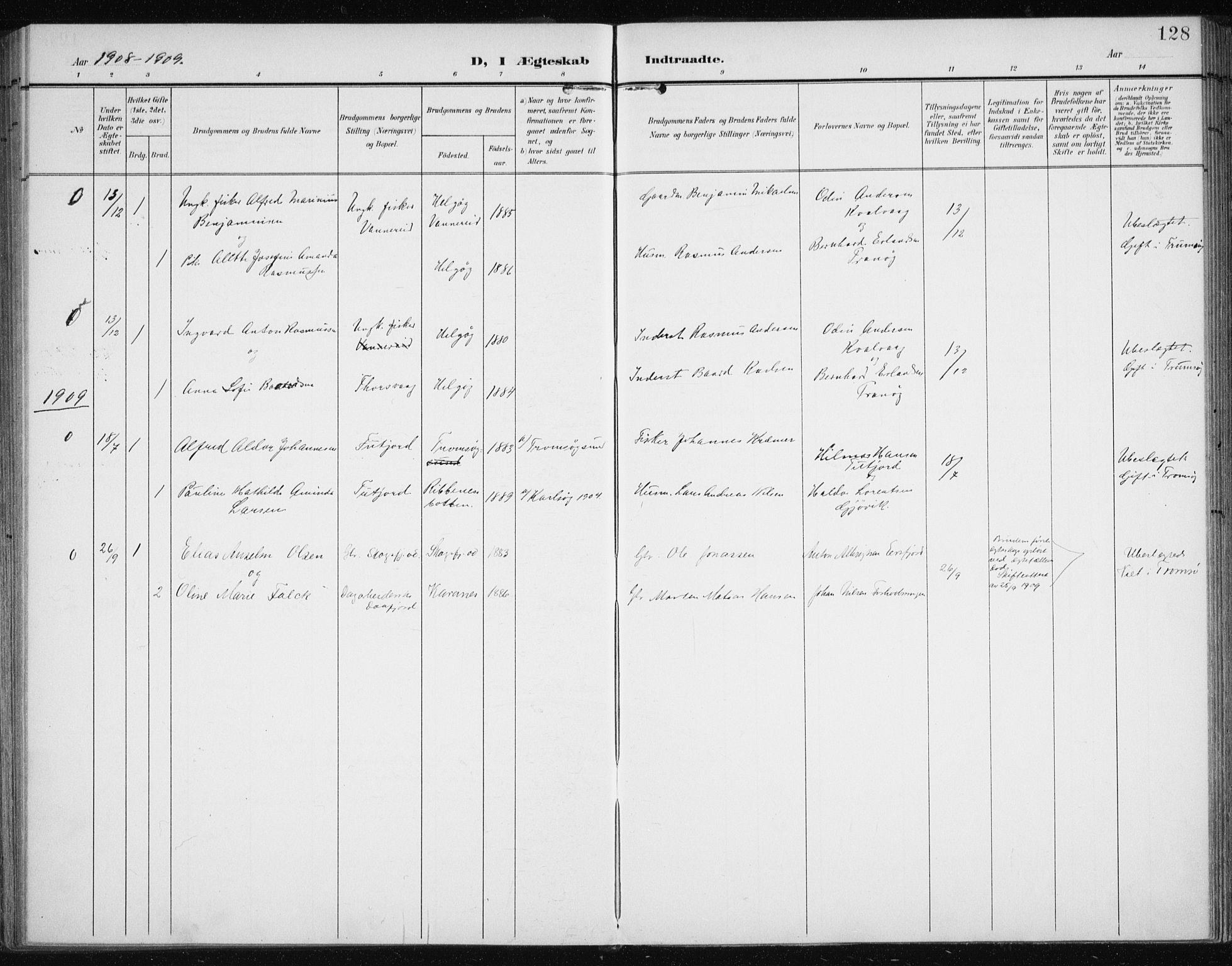Karlsøy sokneprestembete, SATØ/S-1299/H/Ha/Haa/L0013kirke: Parish register (official) no. 13, 1902-1916, p. 128