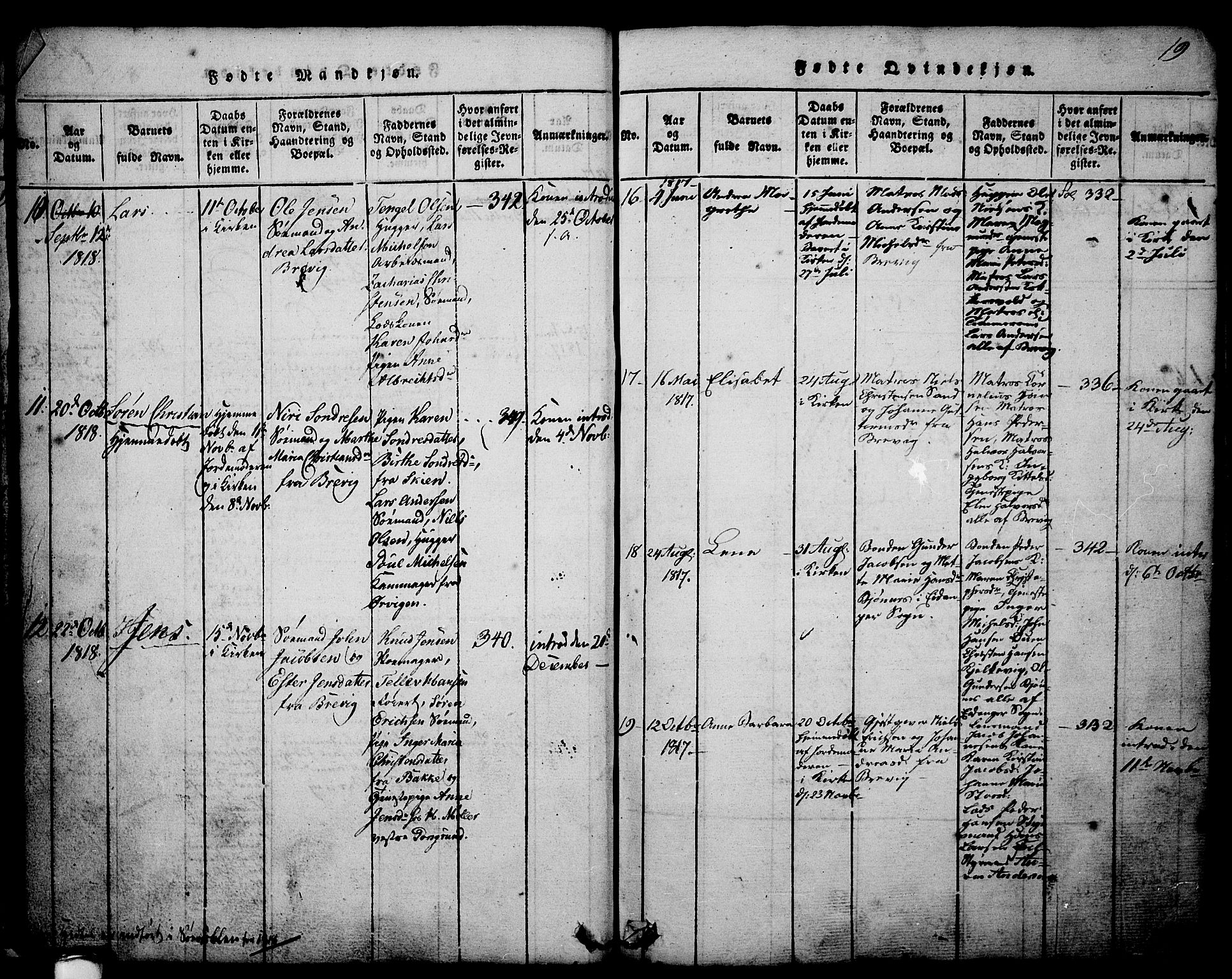 Brevik kirkebøker, SAKO/A-255/G/Ga/L0001: Parish register (copy) no. 1, 1814-1845, p. 19