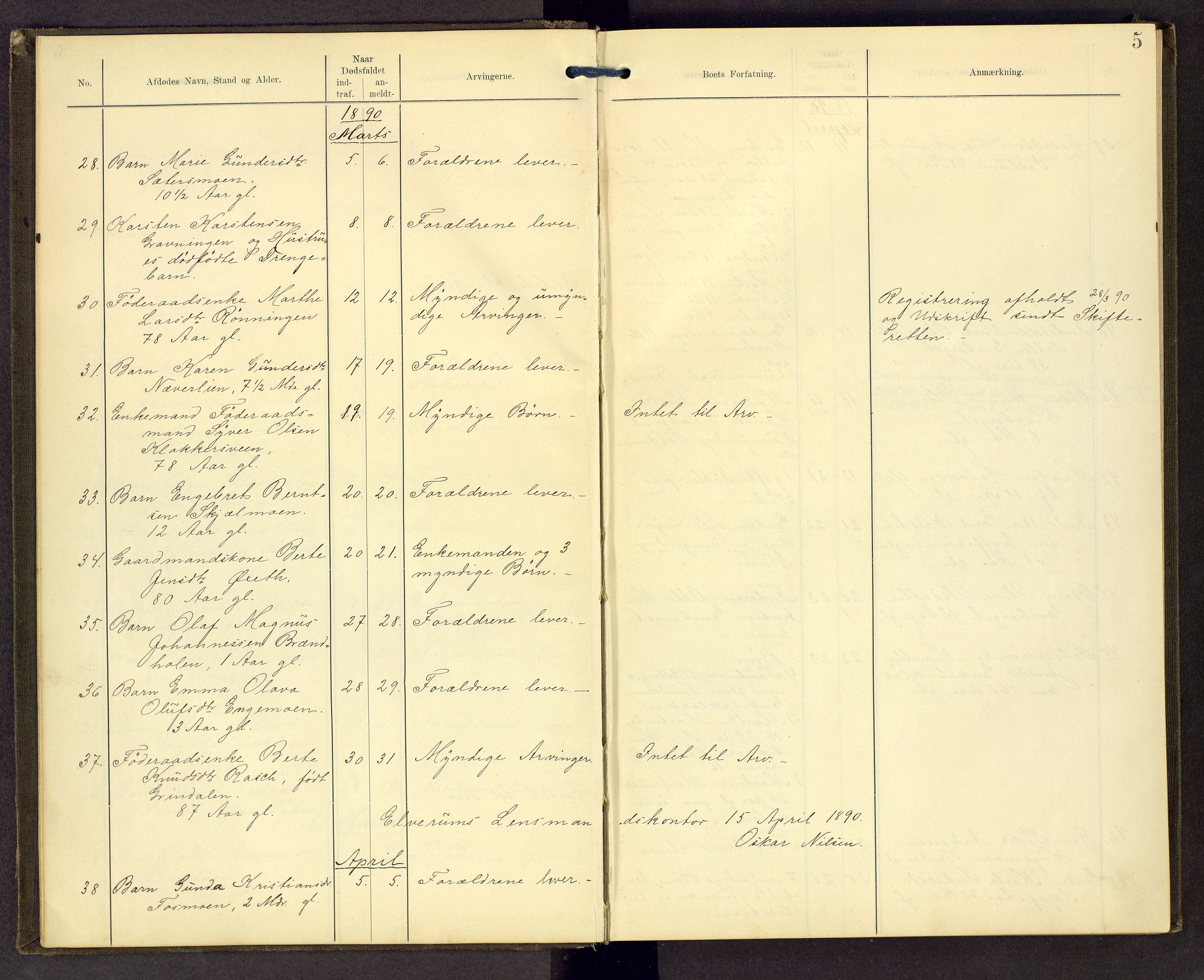 Sør-Østerdal sorenskriveri, AV/SAH-TING-018/J/Jg/L0004: Dødsfallsjournal, 1889-1903, p. 5