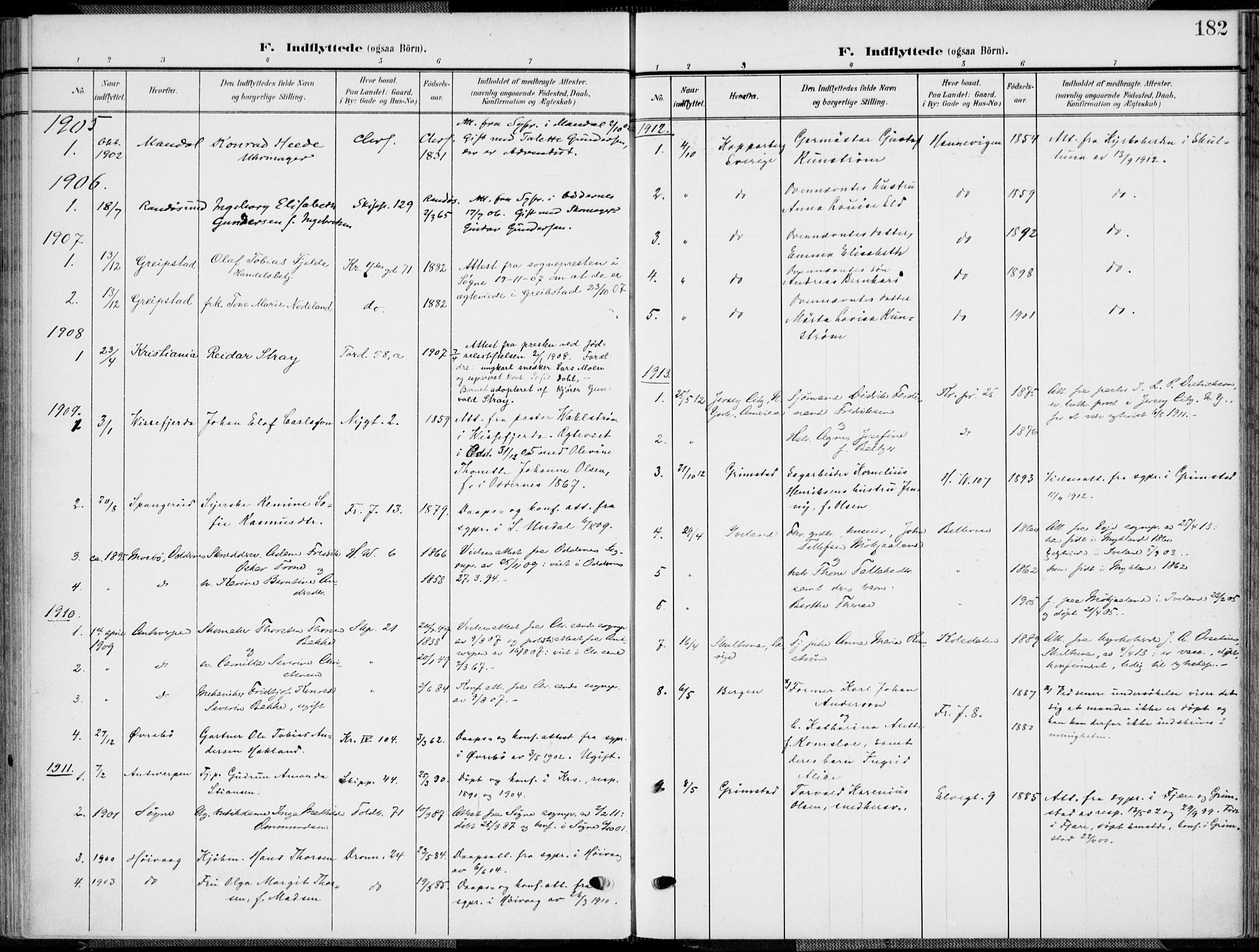 Kristiansand domprosti, SAK/1112-0006/F/Fa/L0022: Parish register (official) no. A 21, 1905-1916, p. 182