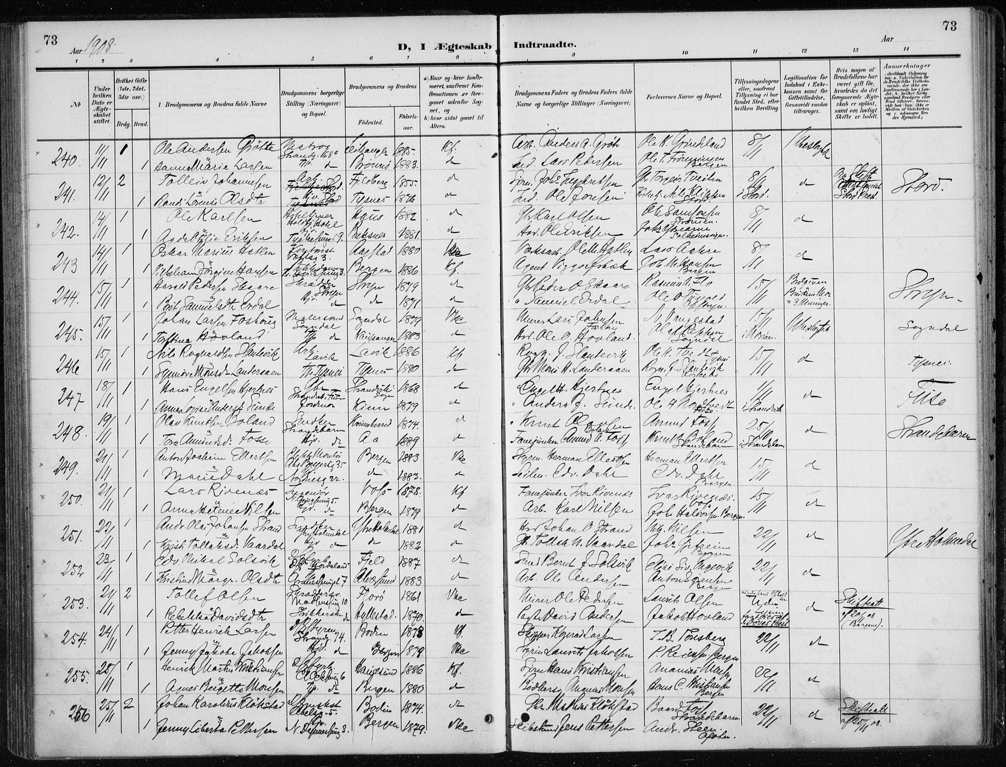 Nykirken Sokneprestembete, SAB/A-77101/H/Haa/L0035: Parish register (official) no. D 5, 1905-1913, p. 73
