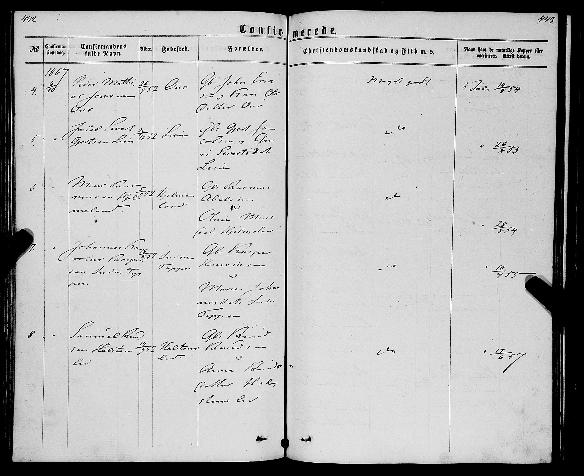 Eid sokneprestembete, AV/SAB-A-82301/H/Haa/Haaa/L0009: Parish register (official) no. A 9, 1861-1868, p. 442-443