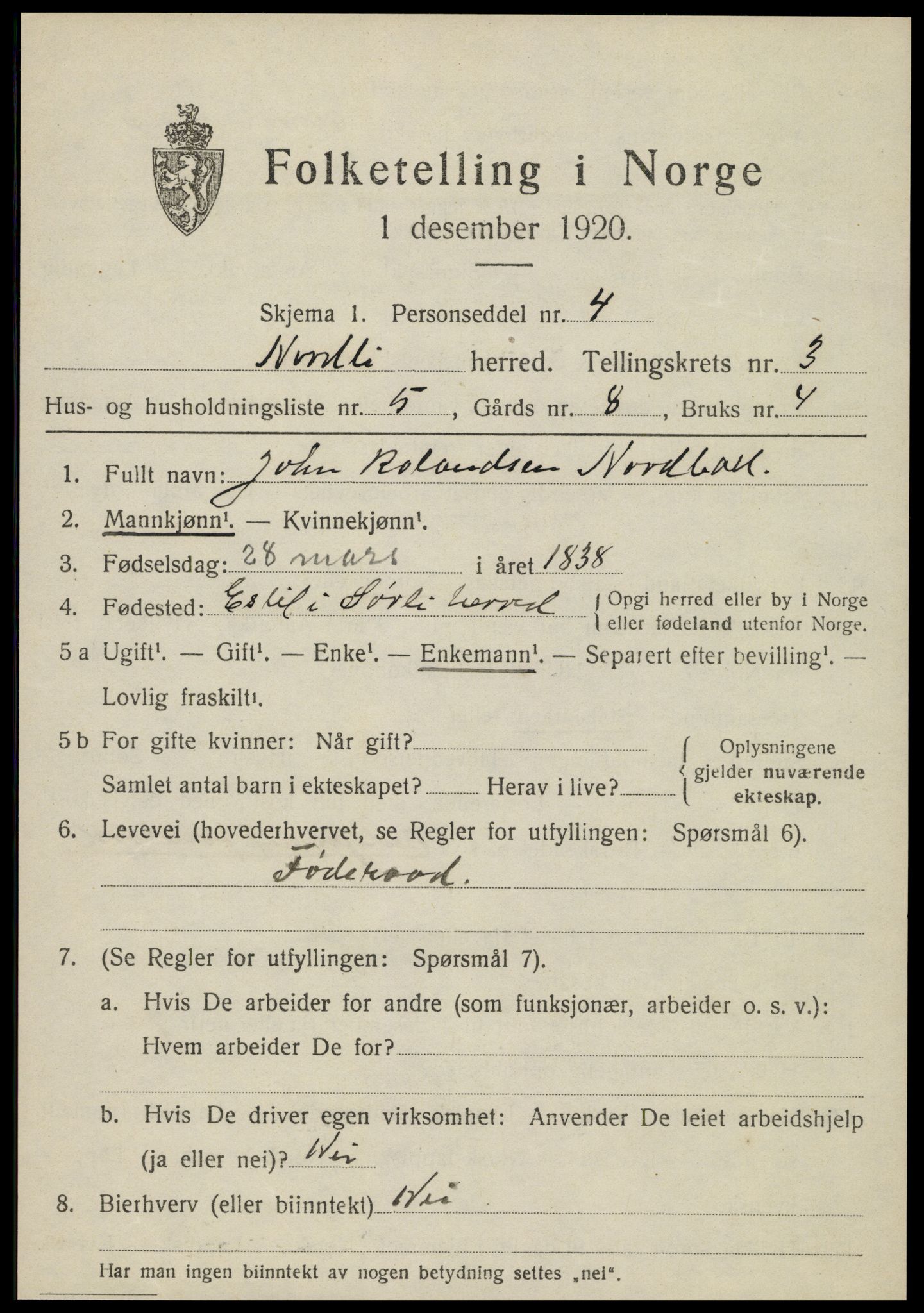 SAT, 1920 census for Nordli, 1920, p. 1455