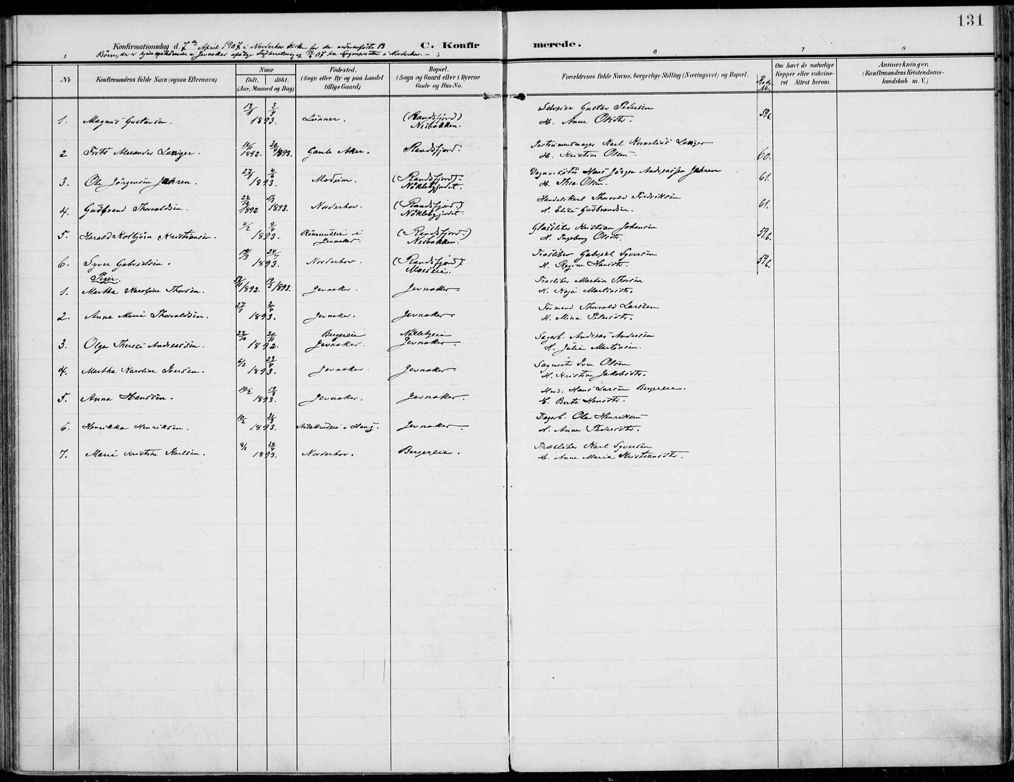 Jevnaker prestekontor, SAH/PREST-116/H/Ha/Haa/L0011: Parish register (official) no. 11, 1902-1913, p. 131