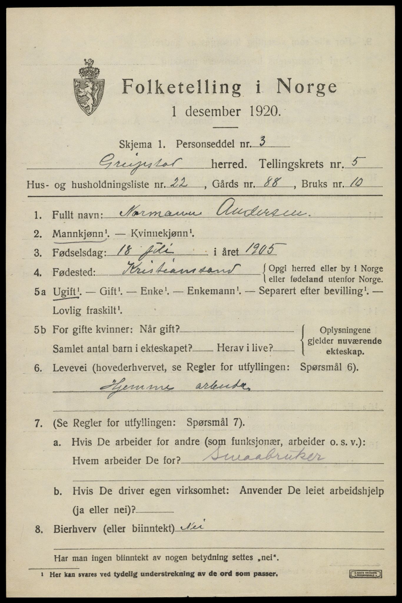 SAK, 1920 census for Greipstad, 1920, p. 1864