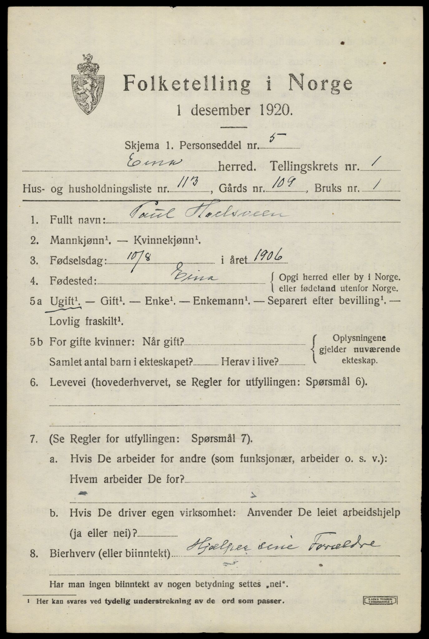 SAH, 1920 census for Eina, 1920, p. 1764