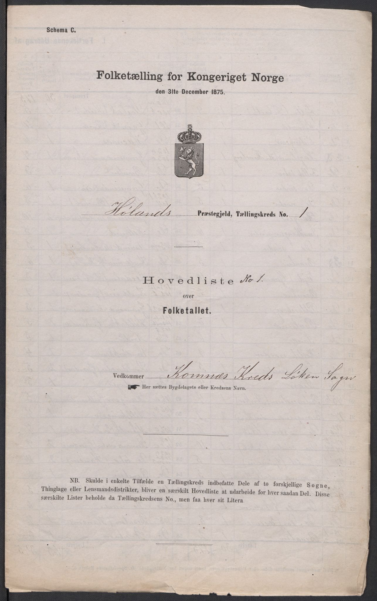 RA, 1875 census for 0221P Høland, 1875, p. 1