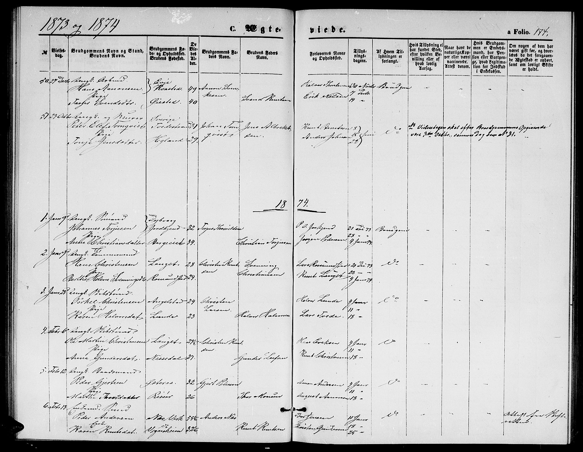 Holt sokneprestkontor, AV/SAK-1111-0021/F/Fb/L0009: Parish register (copy) no. B 9, 1871-1883, p. 174