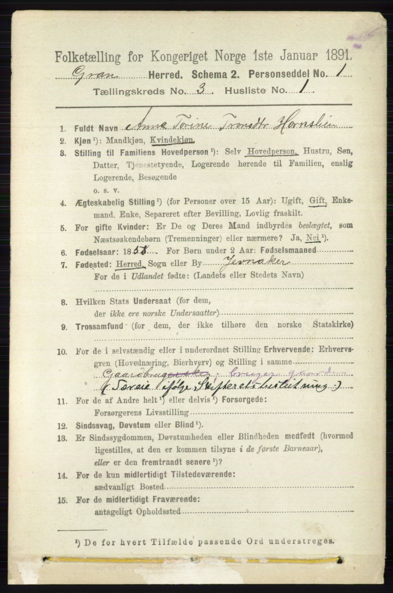 RA, 1891 census for 0534 Gran, 1891, p. 685