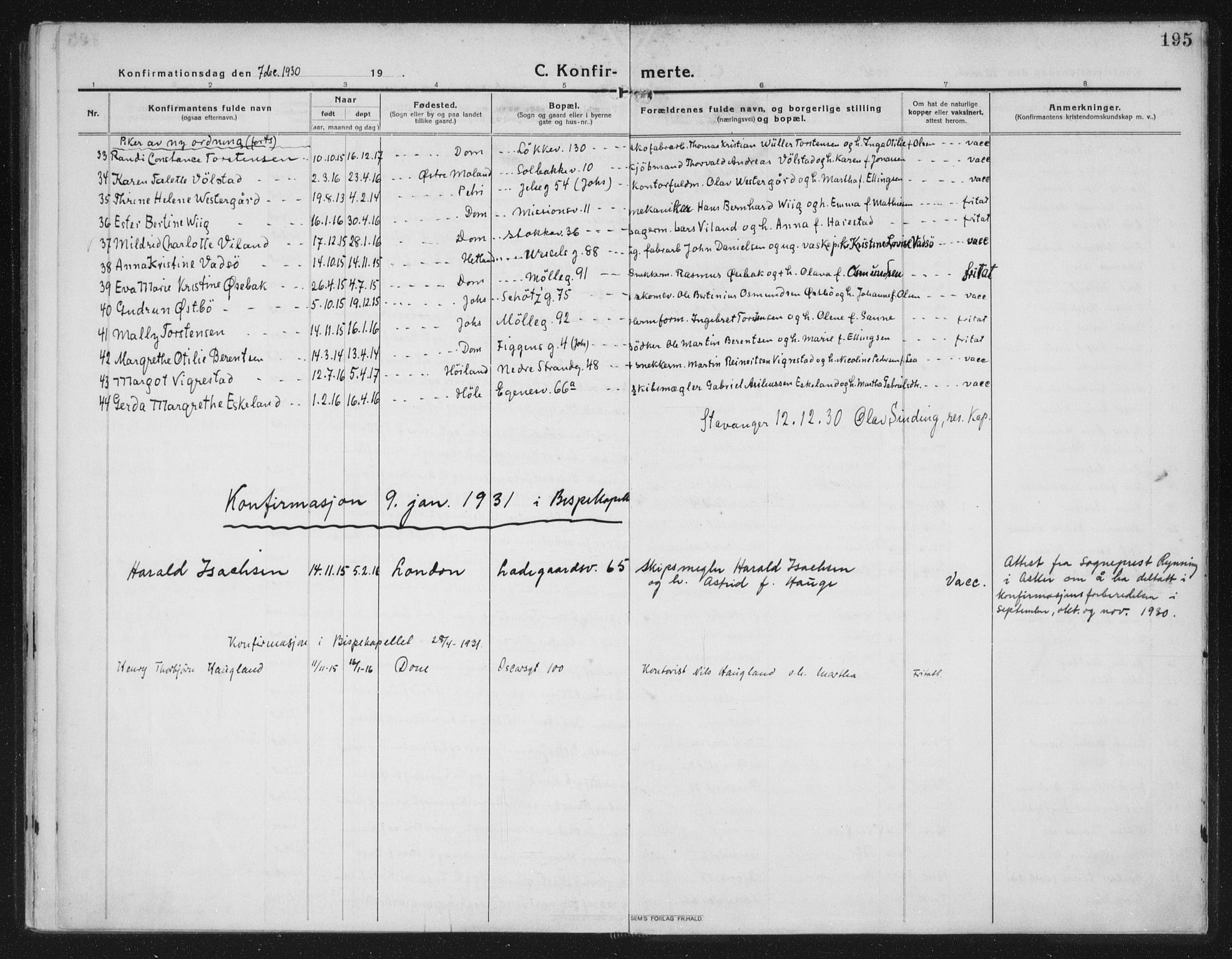 Domkirken sokneprestkontor, AV/SAST-A-101812/002/A/L0019: Parish register (official) no. A 35, 1916-1932, p. 195