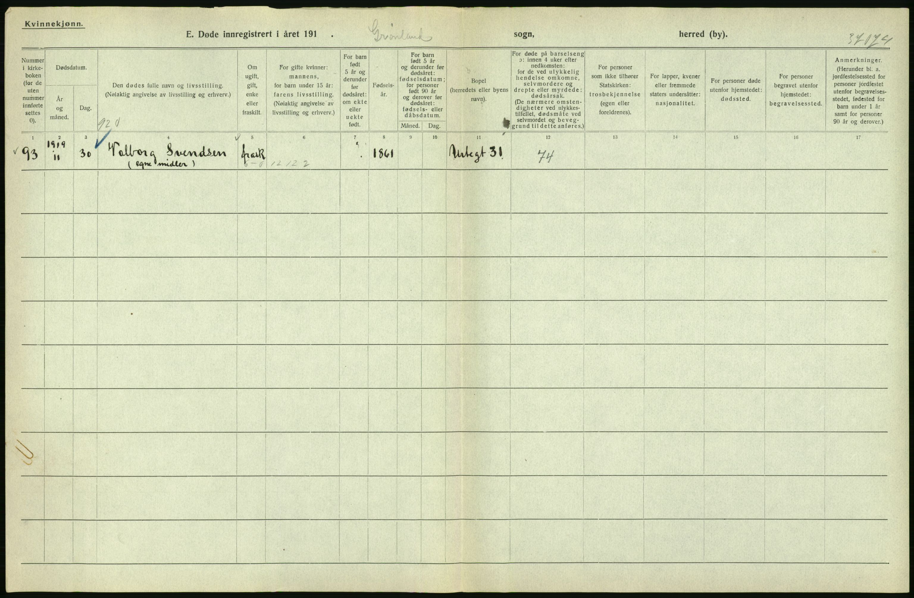 Statistisk sentralbyrå, Sosiodemografiske emner, Befolkning, AV/RA-S-2228/D/Df/Dfb/Dfbi/L0010: Kristiania: Døde, 1919, p. 28