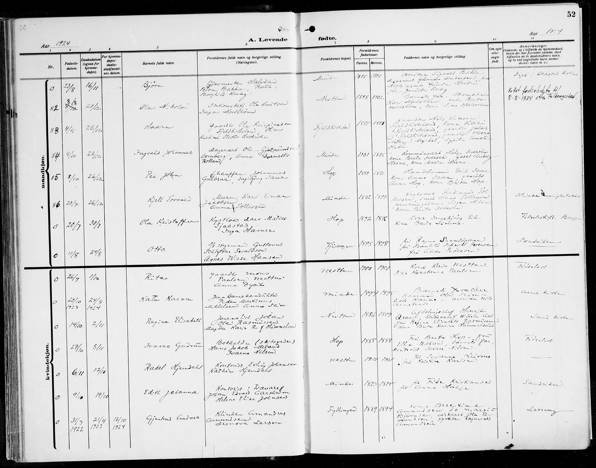 Fana Sokneprestembete, SAB/A-75101/H/Haa/Haaj/L0001: Parish register (official) no. J 1, 1921-1935, p. 52