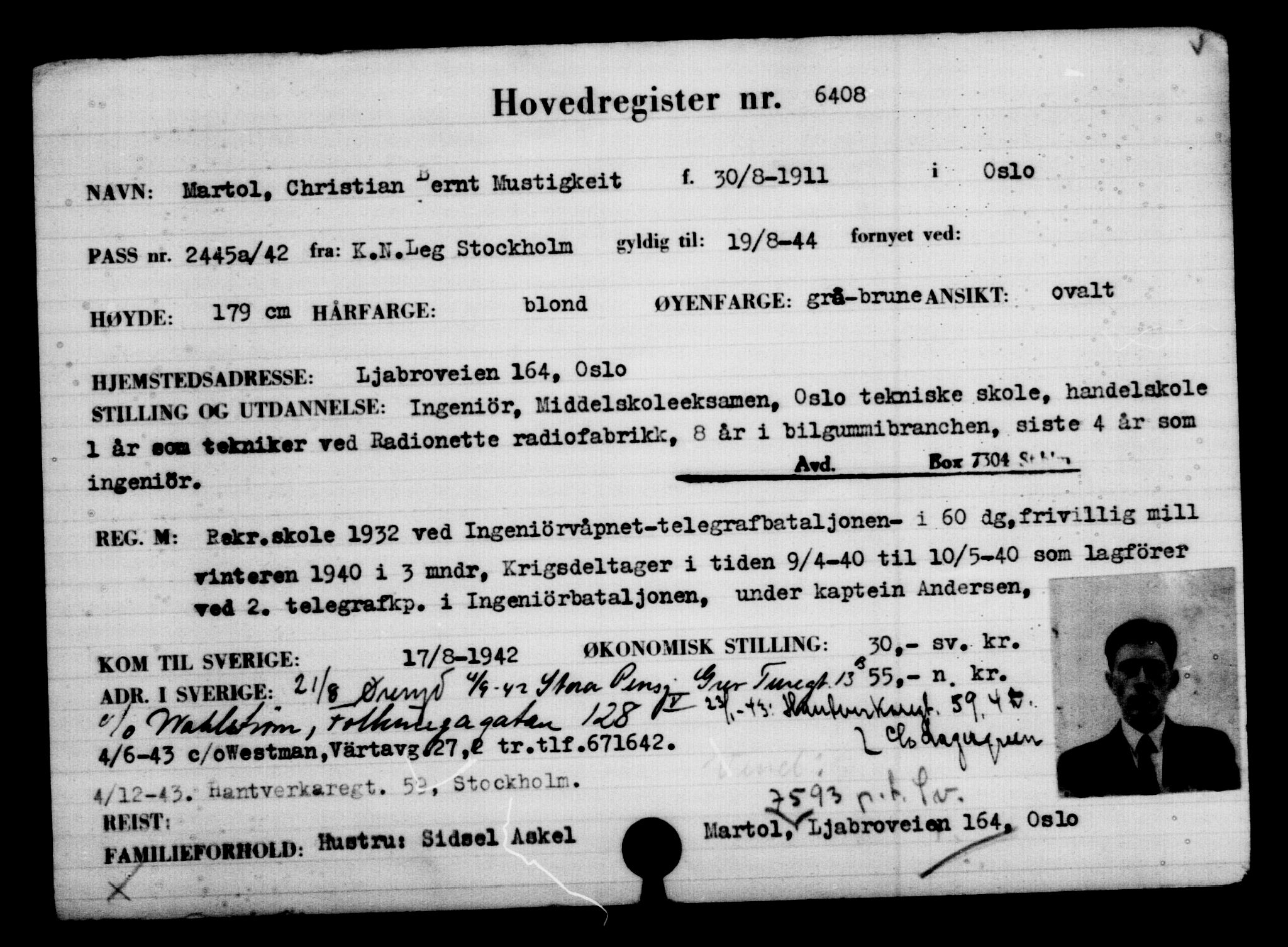 Den Kgl. Norske Legasjons Flyktningskontor, AV/RA-S-6753/V/Va/L0004: Kjesäterkartoteket.  Flyktningenr. 3496-6610, 1940-1945, p. 3445