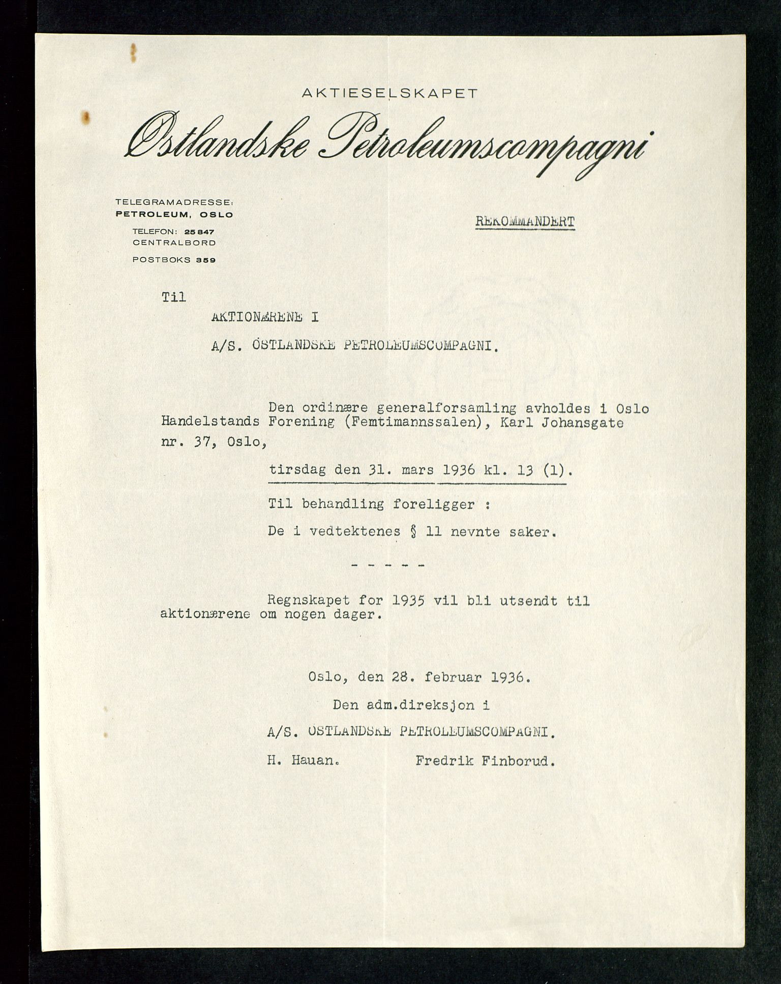 PA 1534 - Østlandske Petroleumscompagni A/S, AV/SAST-A-101954/A/Aa/L0002/0004: Generalforsamlinger. / Generalforsamling, 1936, p. 3