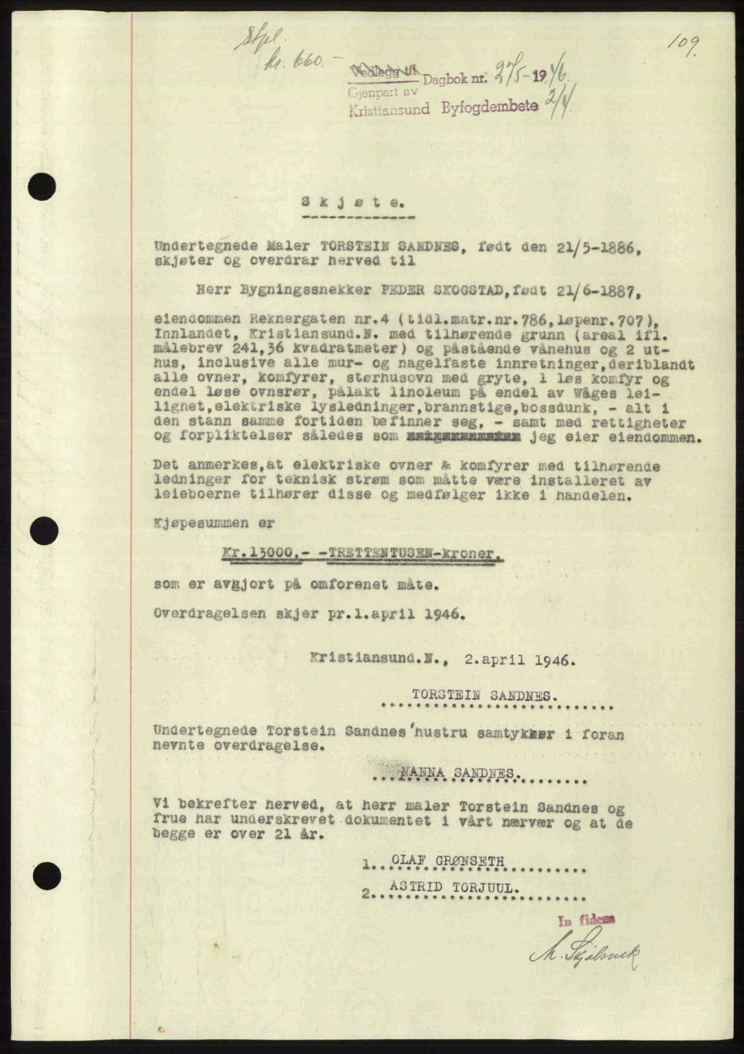 Kristiansund byfogd, AV/SAT-A-4587/A/27: Mortgage book no. 39b, 1946-1947, Diary no: : 275/1946
