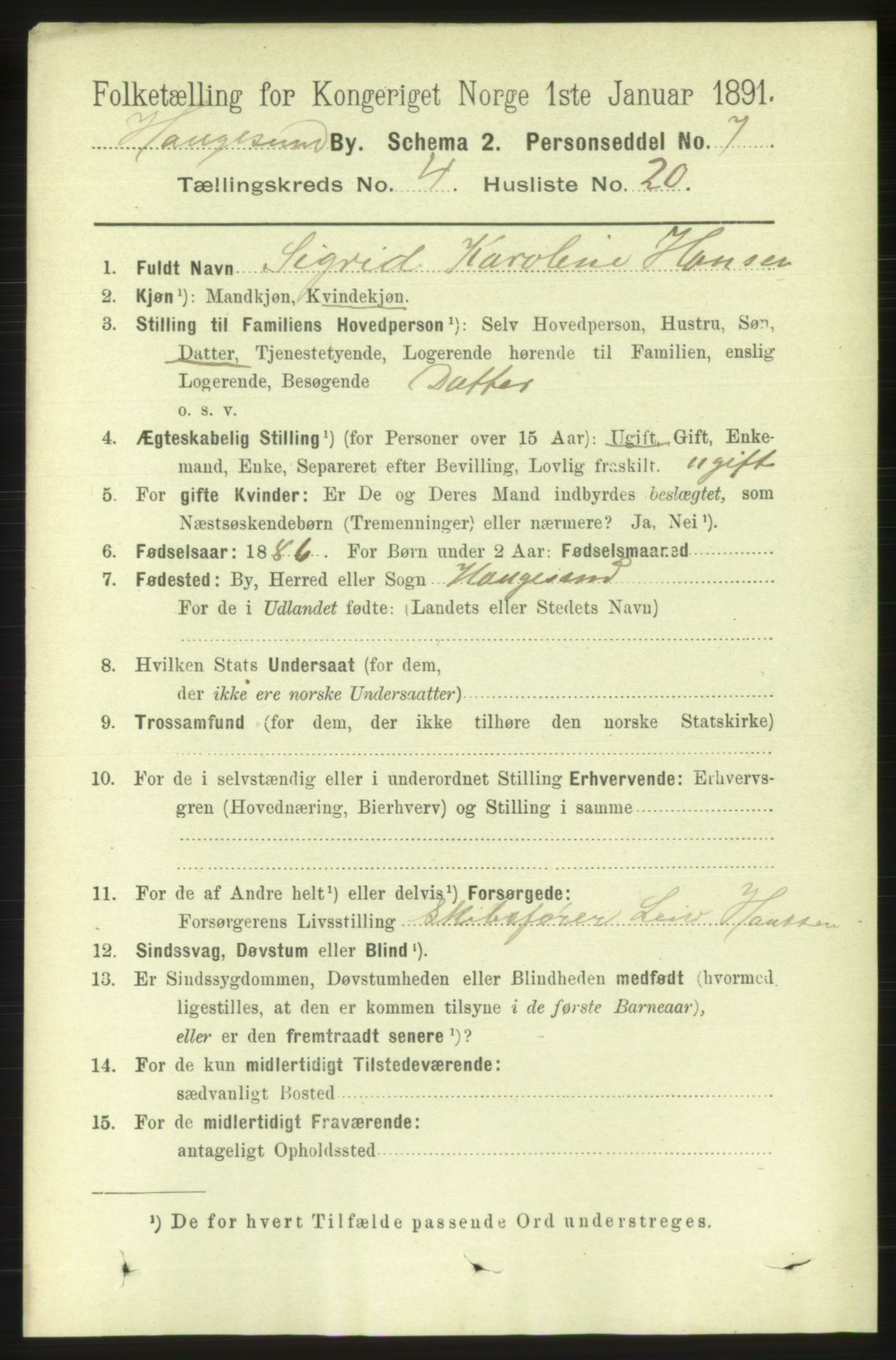 RA, 1891 census for 1106 Haugesund, 1891, p. 1395