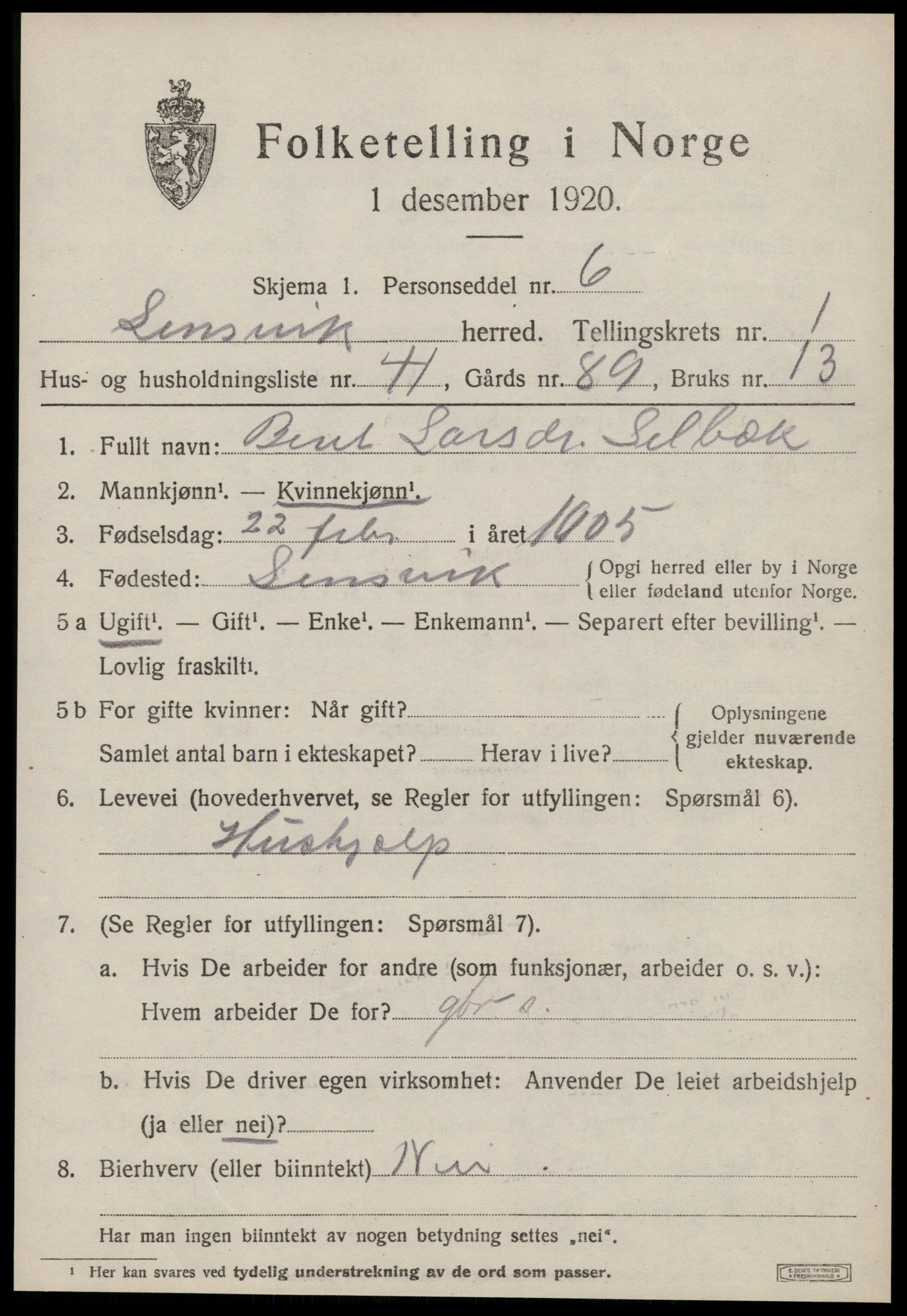 SAT, 1920 census for Lensvik, 1920, p. 942