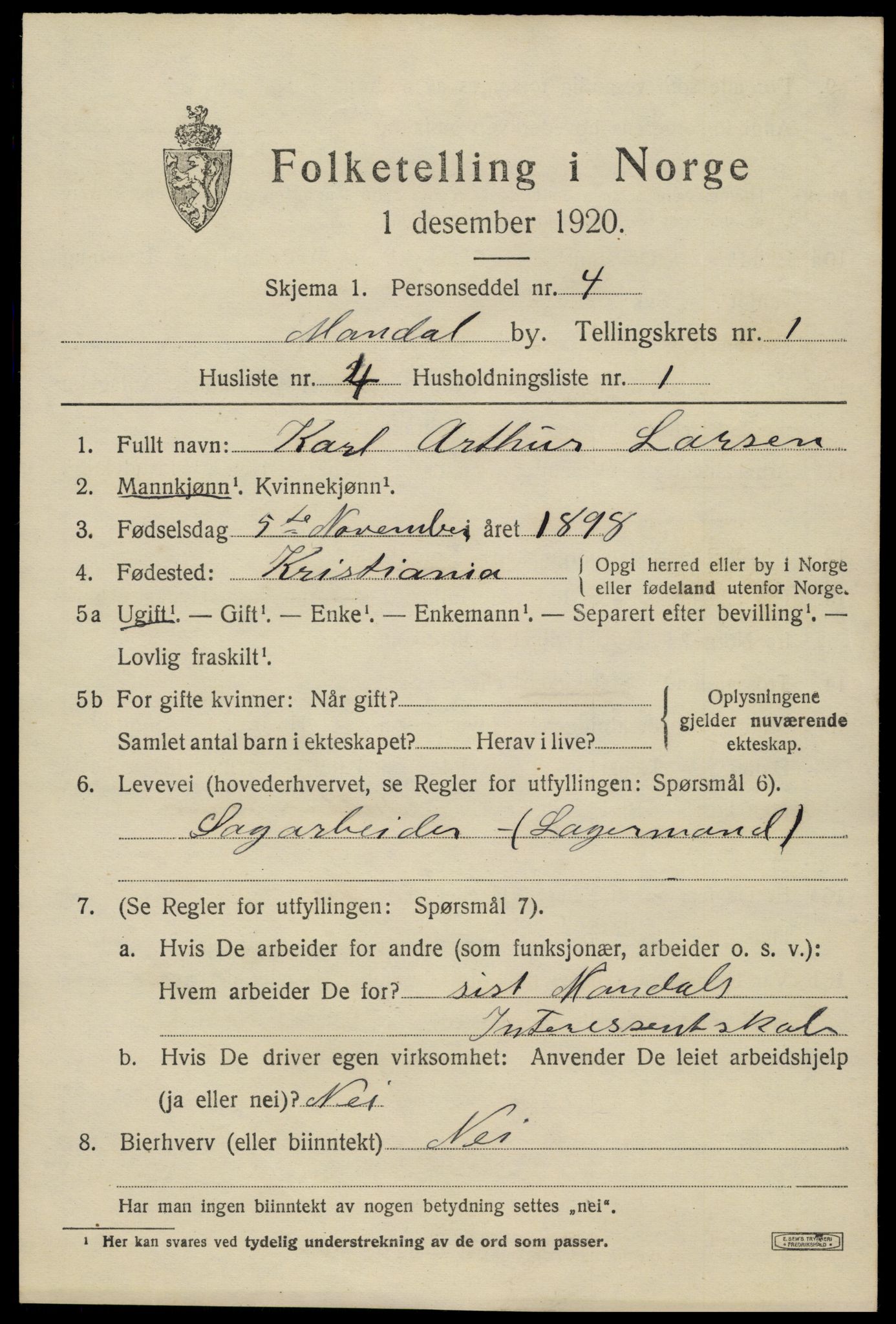 SAK, 1920 census for Mandal, 1920, p. 3285